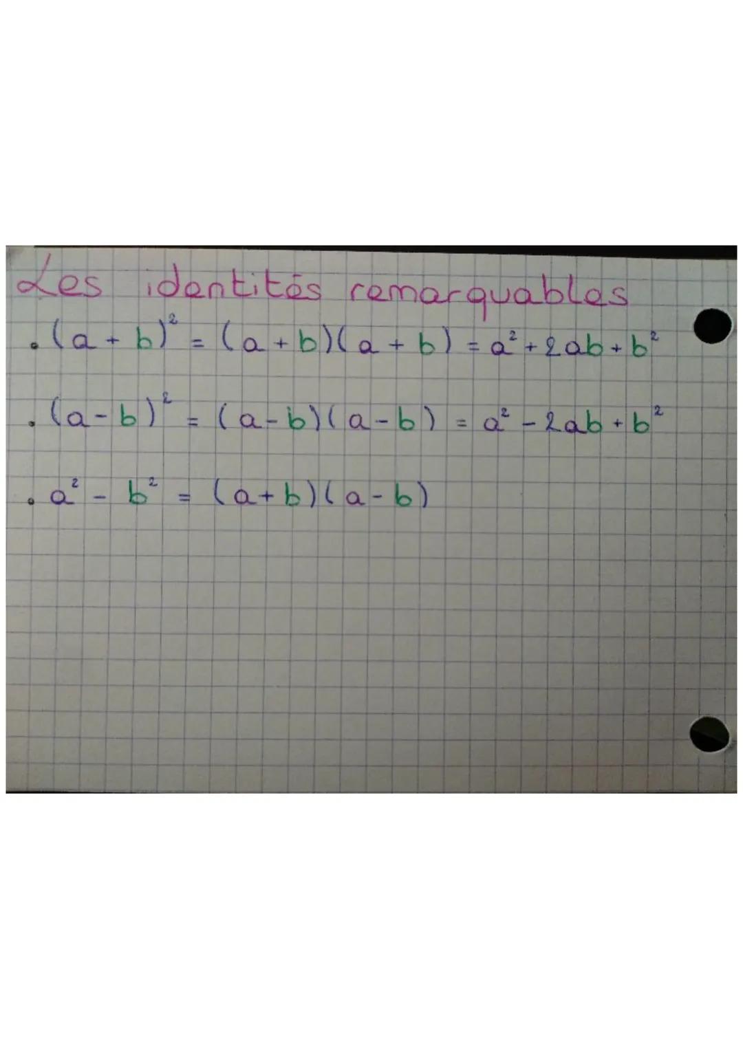 Les identités remarquables
* $(a+b)^2= (a+b)(a + b) = a^2+2ab+b^2$
* $(a-b)^2= (a-b)(a-b) = a^2-2ab+b^2$
* $a^2-b^2= (a+b)(a-b)$
