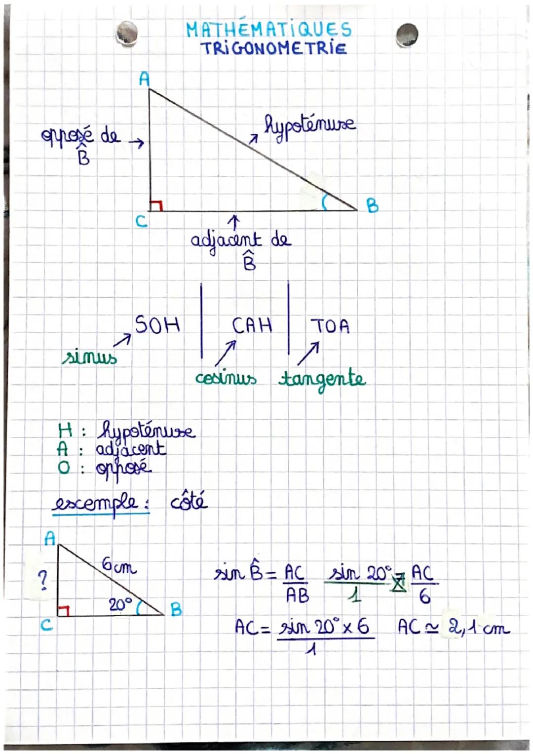 opposé de
B
A
MATHEMATIQUES
TRIGONOMETRIE
hypotenuse
C
↑
adjacent de
B
B
SOH
CAH
TOA
sinus
cosinus tangente
H: hypoténuse
A: adjacent