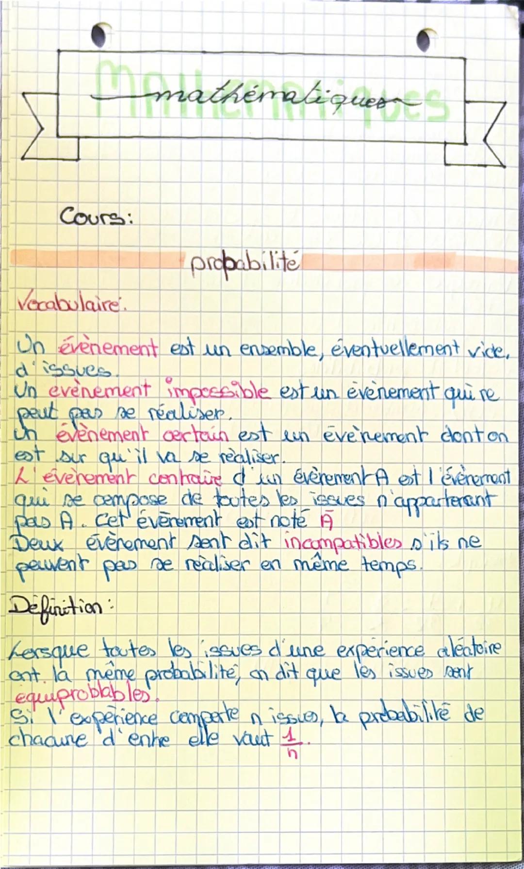 # mathématique 7
Cours:
probabilité
Vocabulaire.
Un évènement est un ensemble, éventuellement vide,
d'issues.
Un evènement impossible e
