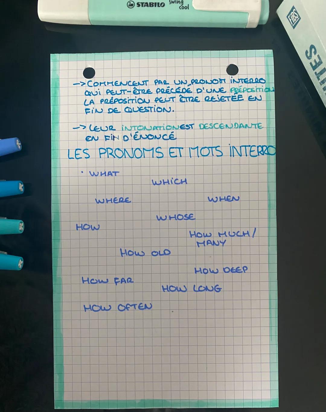 STABILO Swing
cool
interrogatif
•POUR POSER UNE QUESTION EN ANGLAIS, IL
FAUT ETRE ATTENTIF À CA CONSTRUCTION DE CA
PHRASE ET AU CHOIX DU PRO