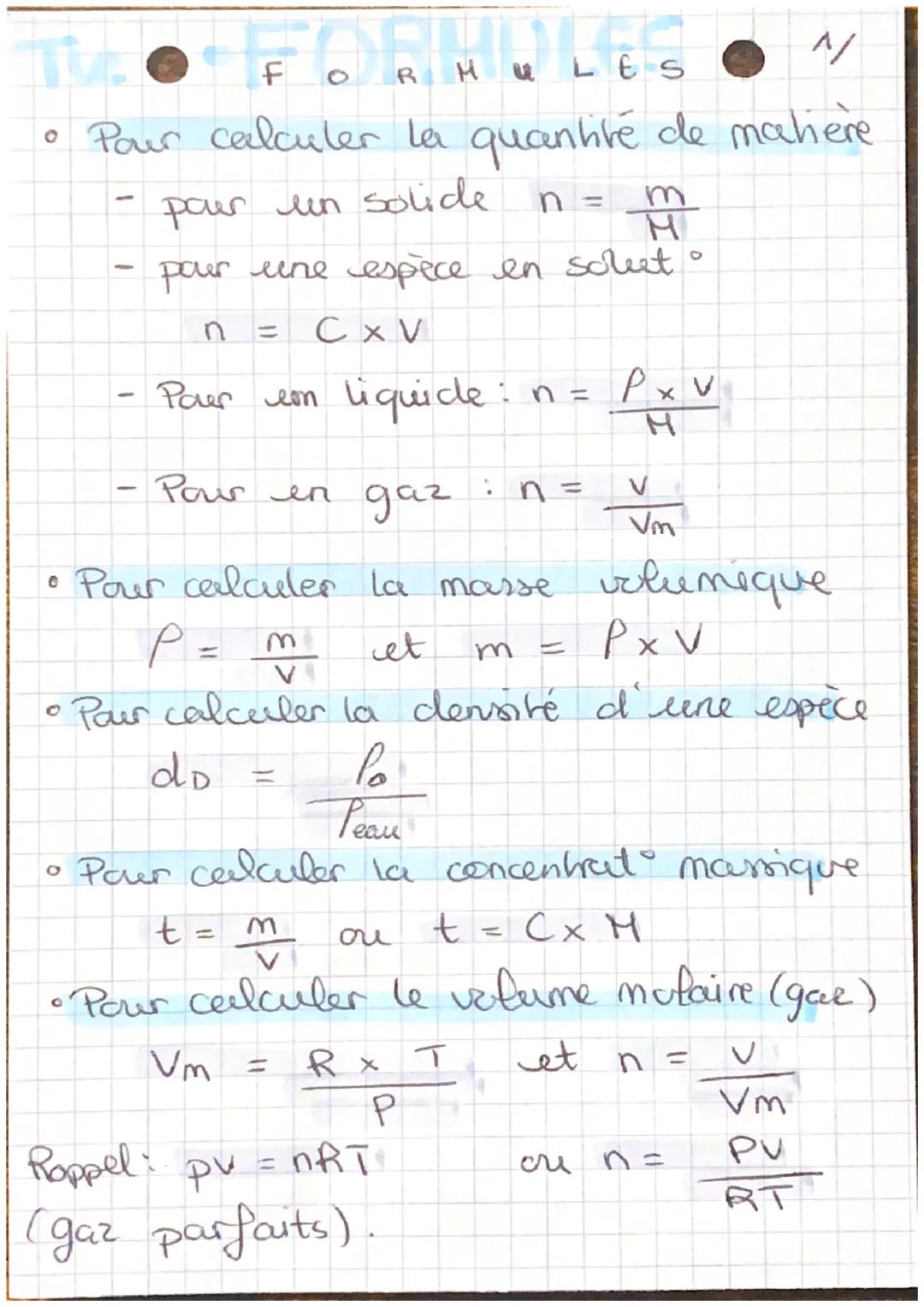 FORHULE
• Pour calculer la quantité de matere
pour un solide
-
쮸
pour une espèce en scheet o
n = C x V
Pour en liquide:
n
·Pour en gaz
• Pou