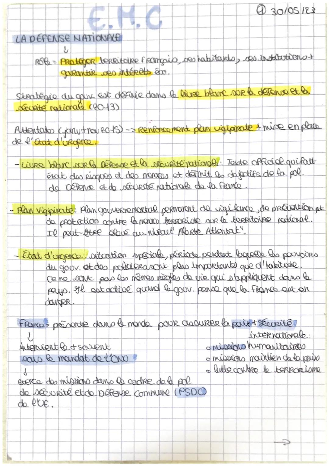 E.M.C
LA DEFENSE NATIONALE
↓
@30/05123
Rôle = Protéger territoire français, ses habitants, ses institutienst
garantie des intérêts éco.
St