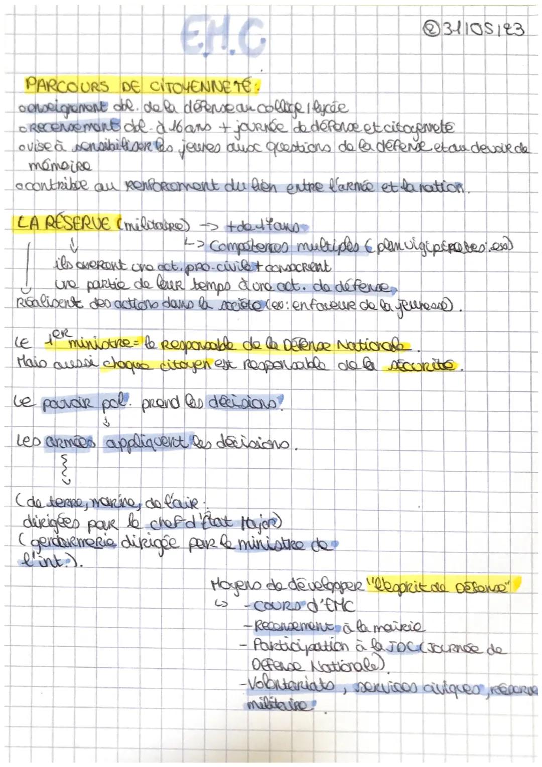 E.M.C
LA DEFENSE NATIONALE
↓
@30/05123
Rôle = Protéger territoire français, ses habitants, ses institutienst
garantie des intérêts éco.
St