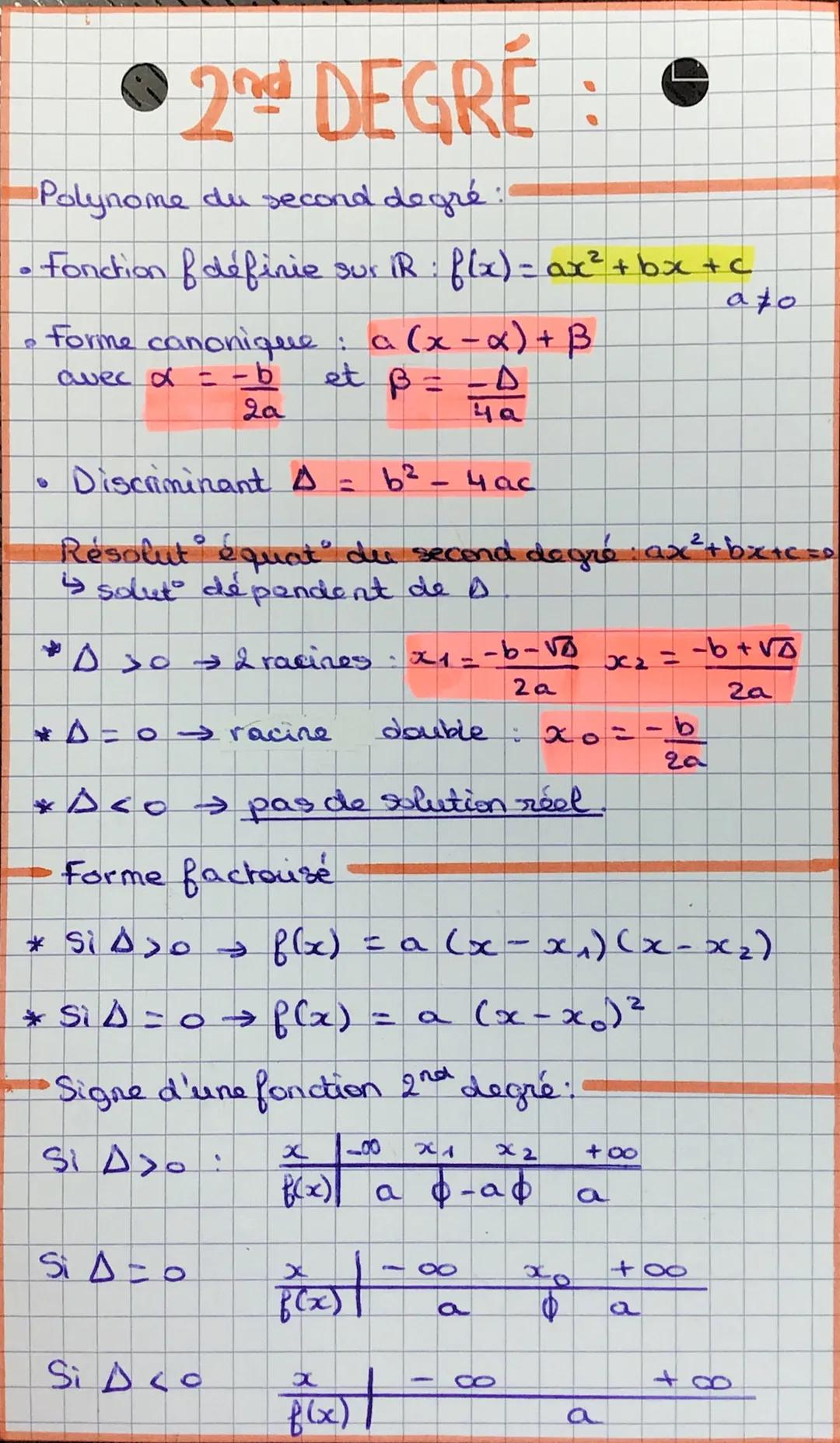 ● 2nd DEGRÉ
O
Polynome du second degré
fonction of definie sur iR : f(x) = ax² +bx+c
a to
• Forme canonique : a (x − x) + B
et B = -A
avec o