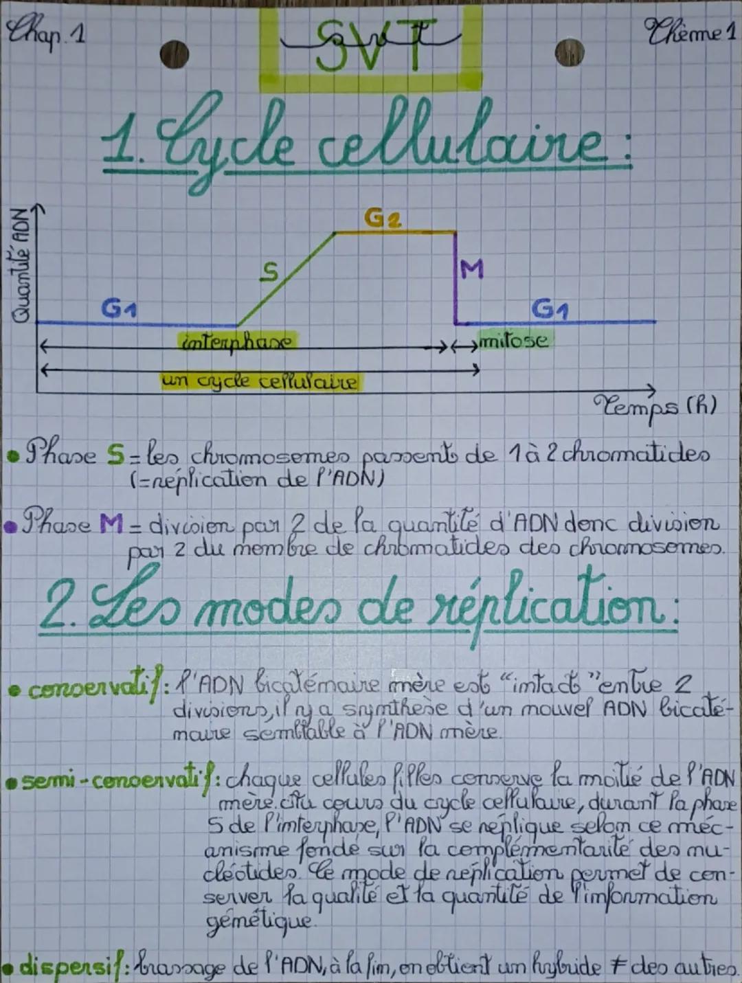 Chap 1
Quantité ADN
Sht
1. Cycle cellulaire :
G1
S
interphase
un cycle cellulaire
G2
M
G1
→mitose
→
Chème 1
←
Temps (h)
•Pha