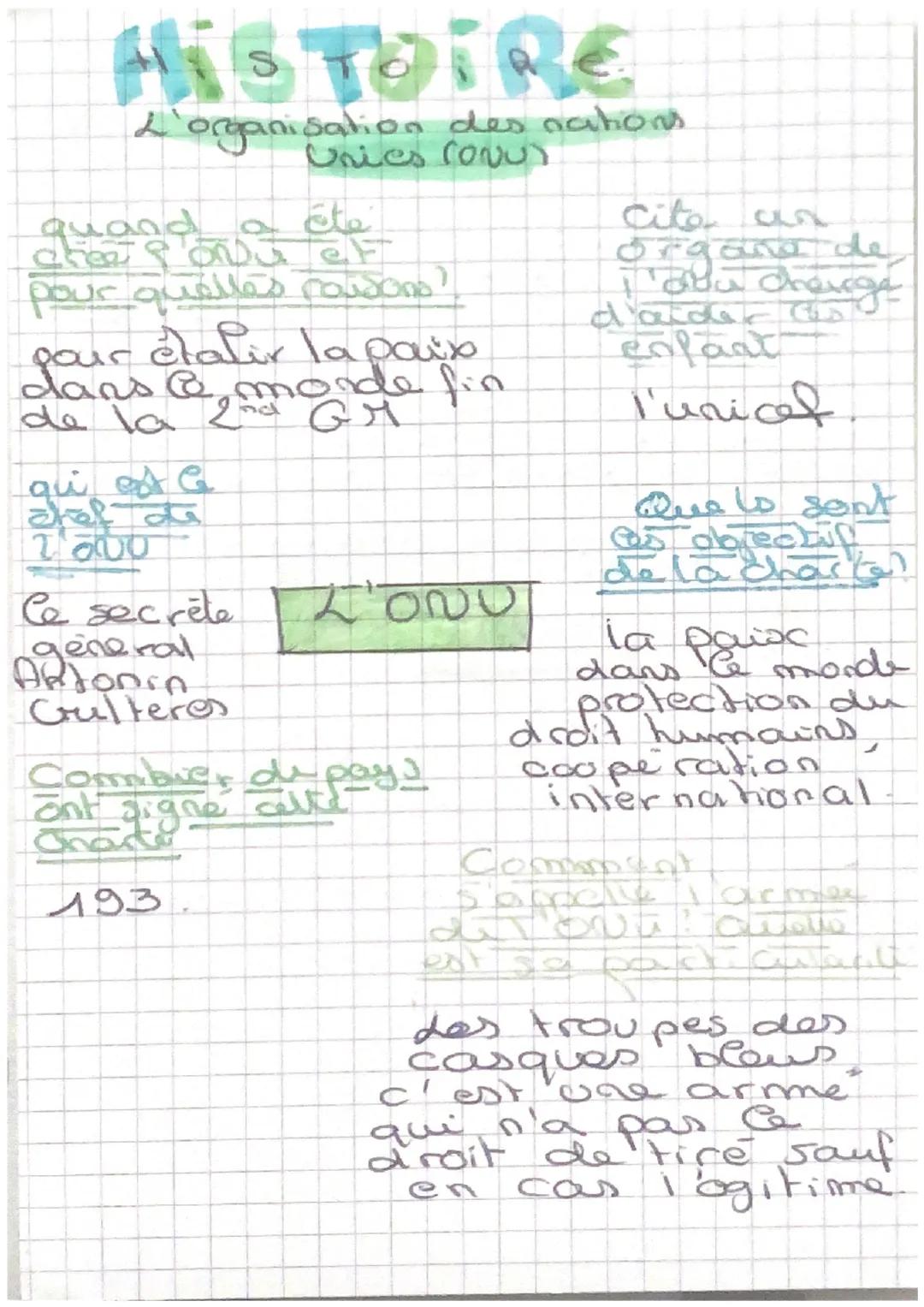 # HISTOIRE
L'organisation des nations
Unies cov
quand a
pour quelles candοπο
pour étalir la paix
dans le monde fin
de la 2nd Gr
qui est