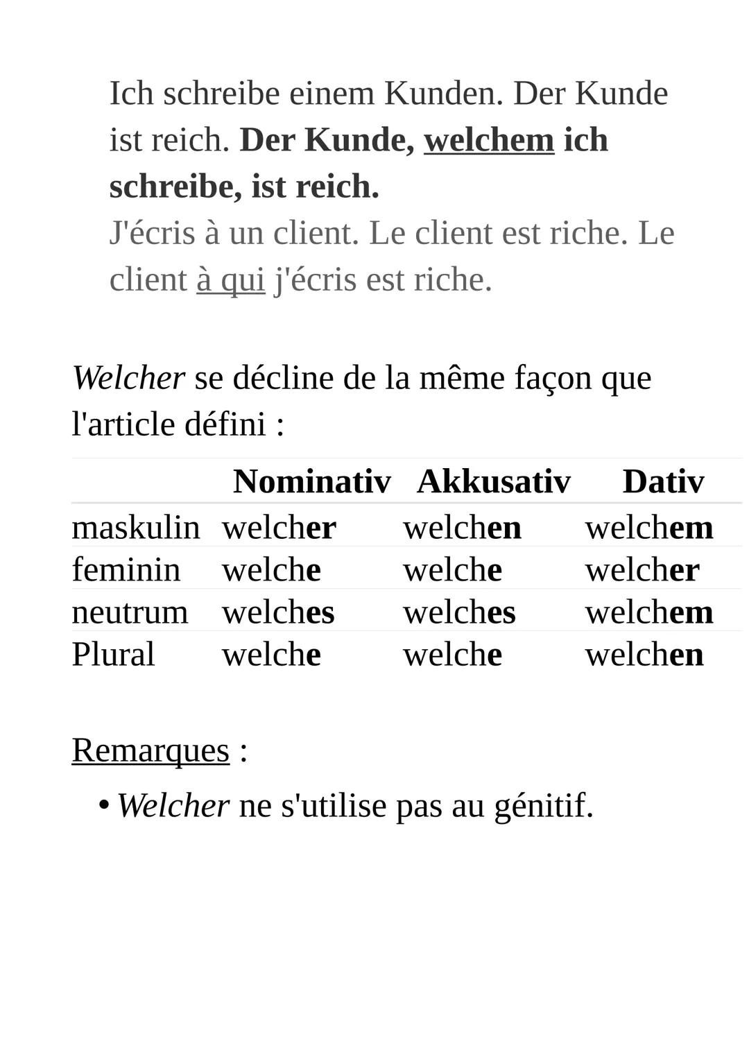 Welche et déclinaisons
Les pronoms relatifs welcher,
welche, welches (lequel, laquelle / que,
qui)
Les mots welcher, welche ou welches font