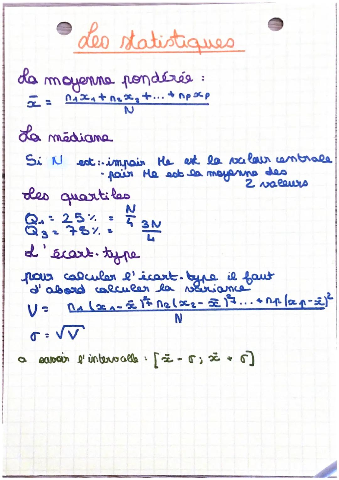 Les statistiques
da moyenne pondérée
x=
n₁x₁ + 1₂x₂+...+npxp
1+
₂x²
N
La médiane
Si N est:impair the est la valeur centrale
•pair Me est la