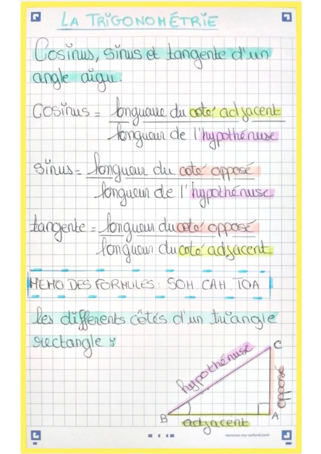 LA TRIGONOMETRIE
Cosinus, sinus et tangente d'un
angle aigu.
cosinus - Enguare du coto adjacent
Tongueur de l'hypothénuse
sinus - longuan du