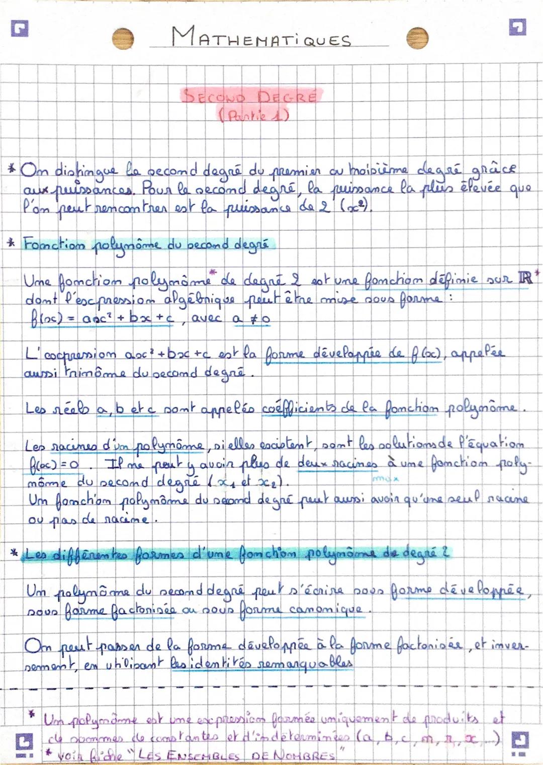 MATHEMATIQUES
SECOND DEGRE
(Pankie 1)
* Om distingue la second degré du premier au moisième degré grâce
puissances. Pour le second degré, la