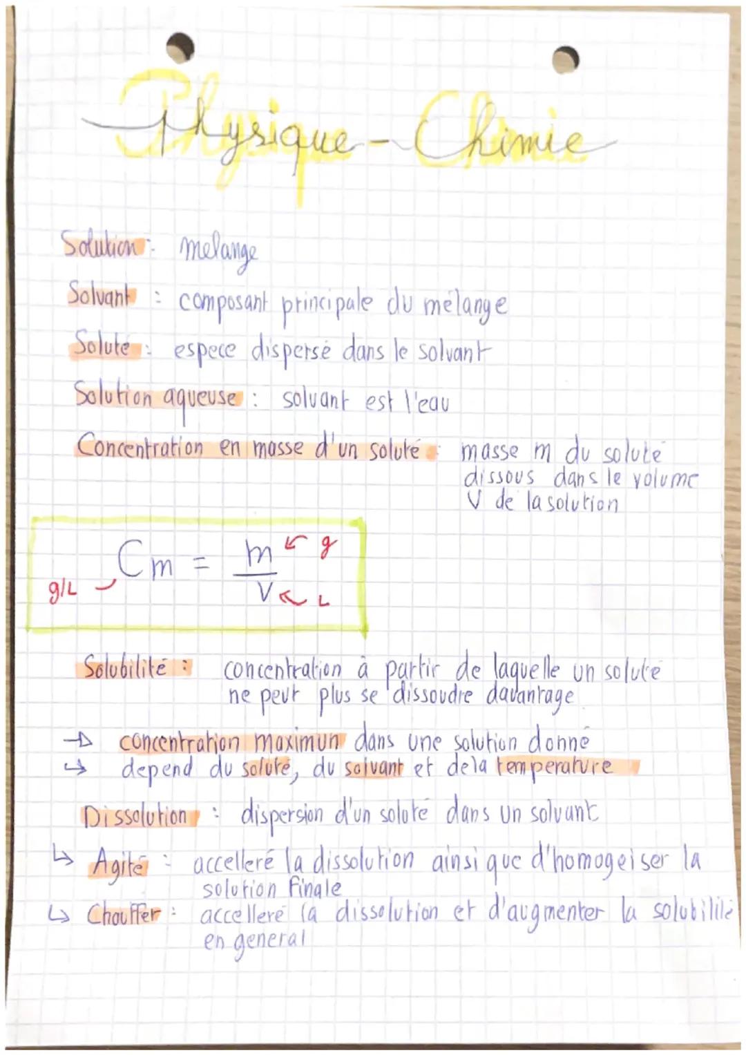 # Physique-Chimie
Solution: melange
Solvant: composant principale du mélange
Solute espece disperse dans le solvant
Solution aqueuse: so