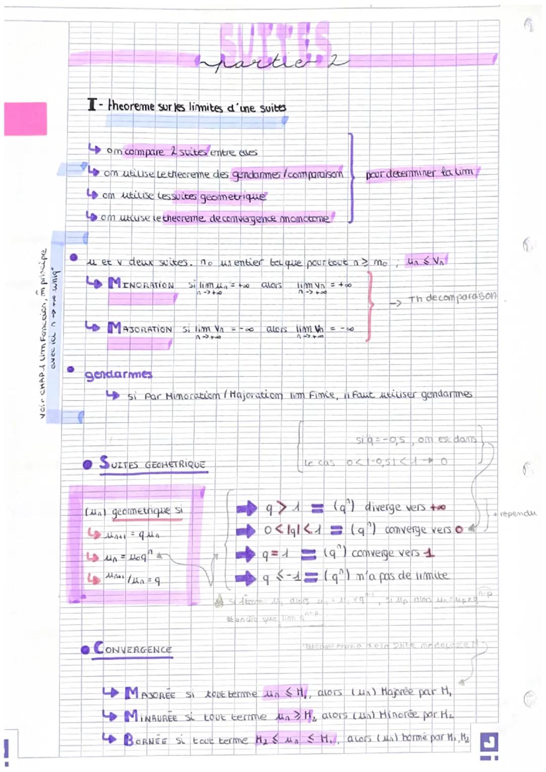 # SUITES
partie 2
I-theoreme sur les limites d'une suites
4 om.compare 2 suites entre eses
4 om utilise Lethecreme des gendarmes/comparai