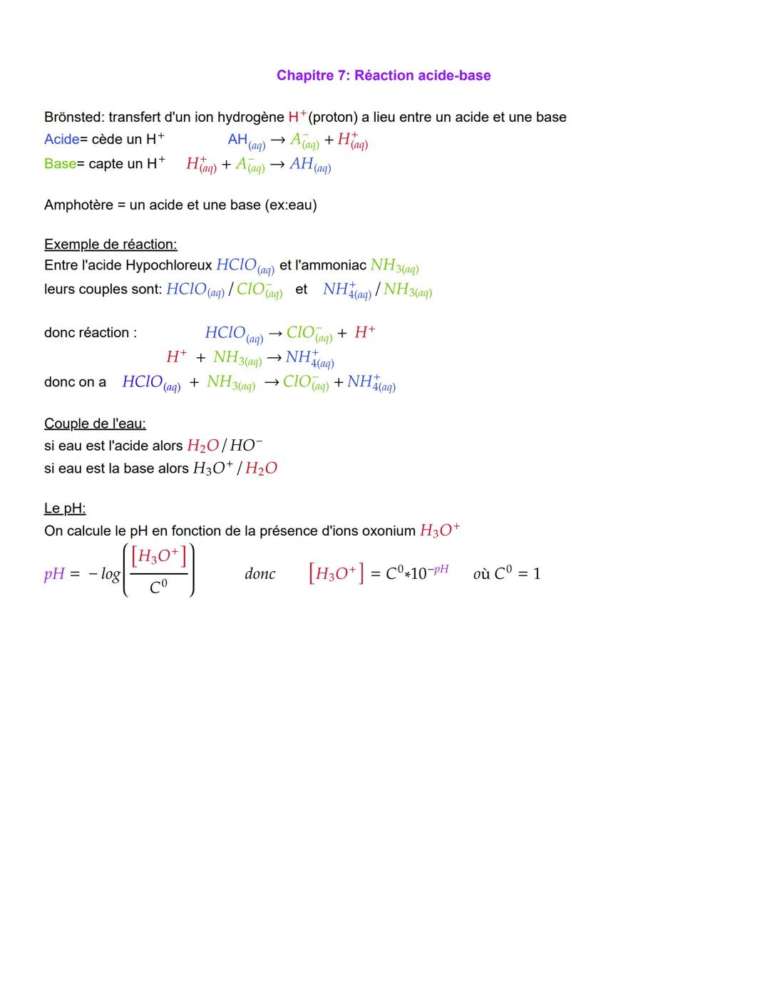 Brönsted: transfert d'un ion hydrogène
Acide cède un H+
Chapitre 7: Réaction acide-base
AH
donc réaction :
H*(proton) a lieu entre un acide
