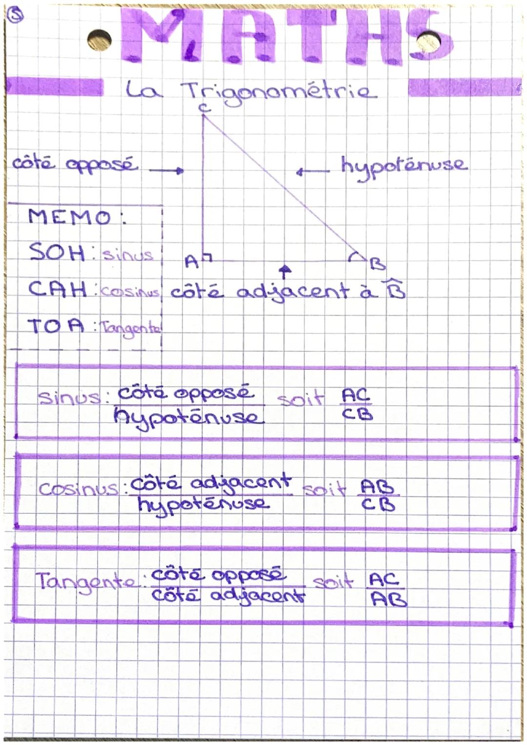 # MATHS
La Trigonométrie
côté opposé $\rightarrow$ hypotenuse $\leftarrow$
MEMO:
SOH: sinus
A
$\uparrow$
AB
CAH: cosinus côté adjacent à