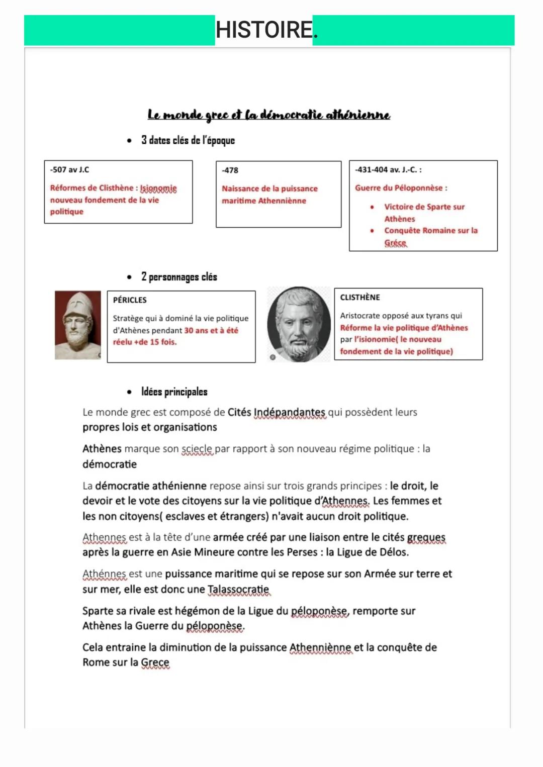 # HISTOIRE.
Le monde grec et la démocratie athénienne
*   3 dates clés de l'époque
-507 av J.C
Réformes de Clisthène : Isionomis
nouveau