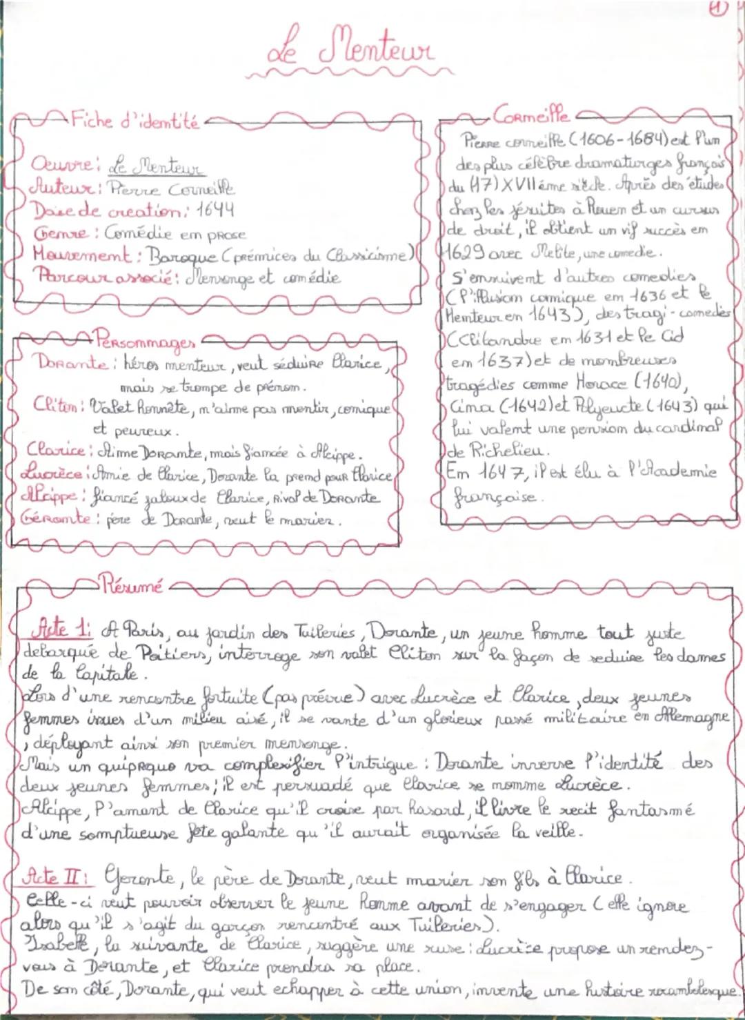 Fiche corneille, le menteur bac français