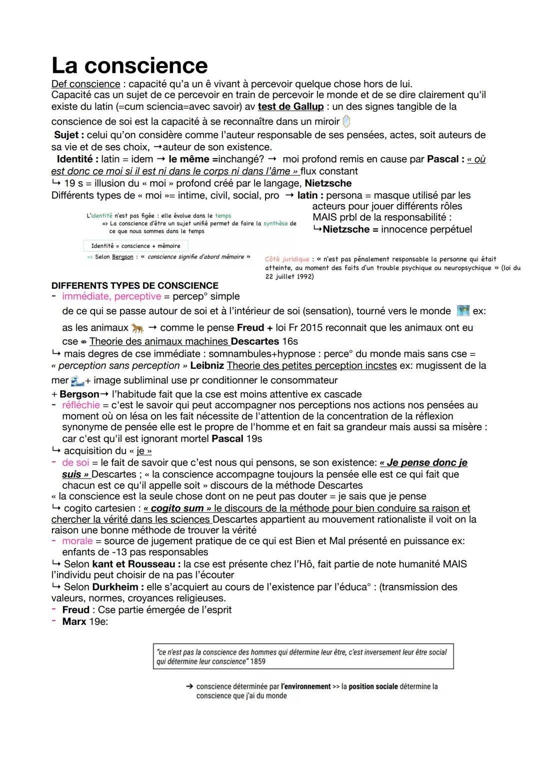 # La conscience
Def conscience: capacité qu'a un ê vivant à percevoir quelque chose hors de lui.
Capacité cas un sujet de ce percevoir en t