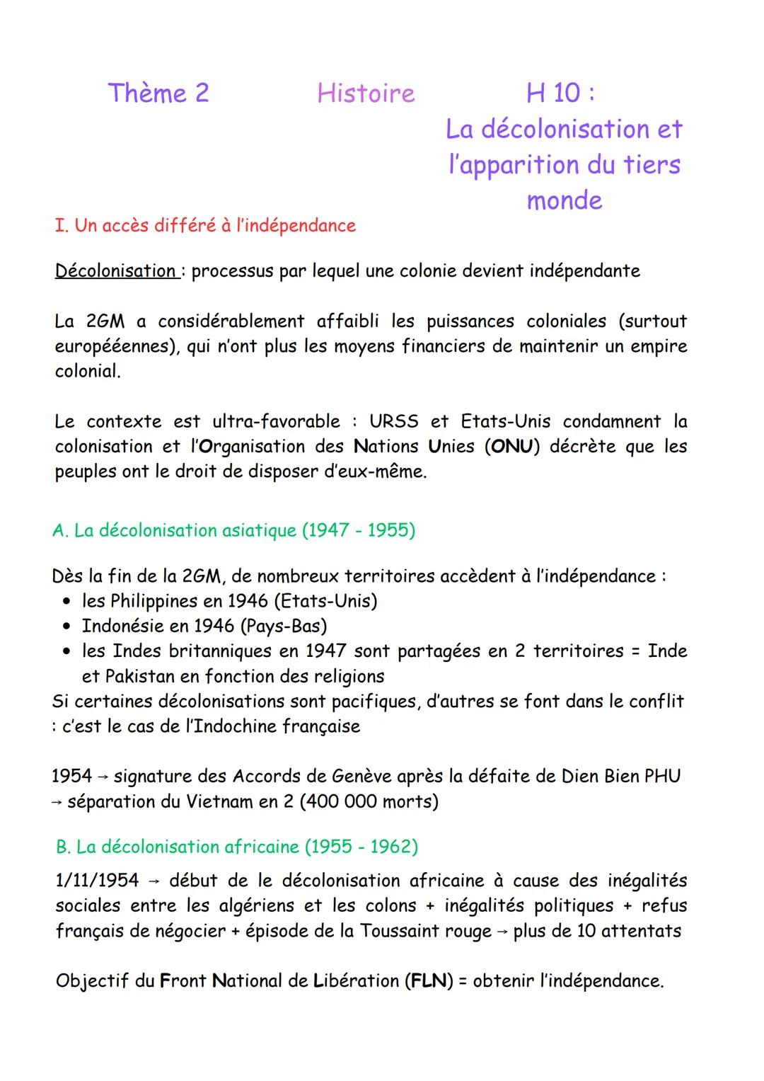 # Η 10:
La décolonisation et
l'apparition du tiers
monde
Thème 2 Histoire
I. Un accès différé à l'indépendance
Décolonisation: processus
