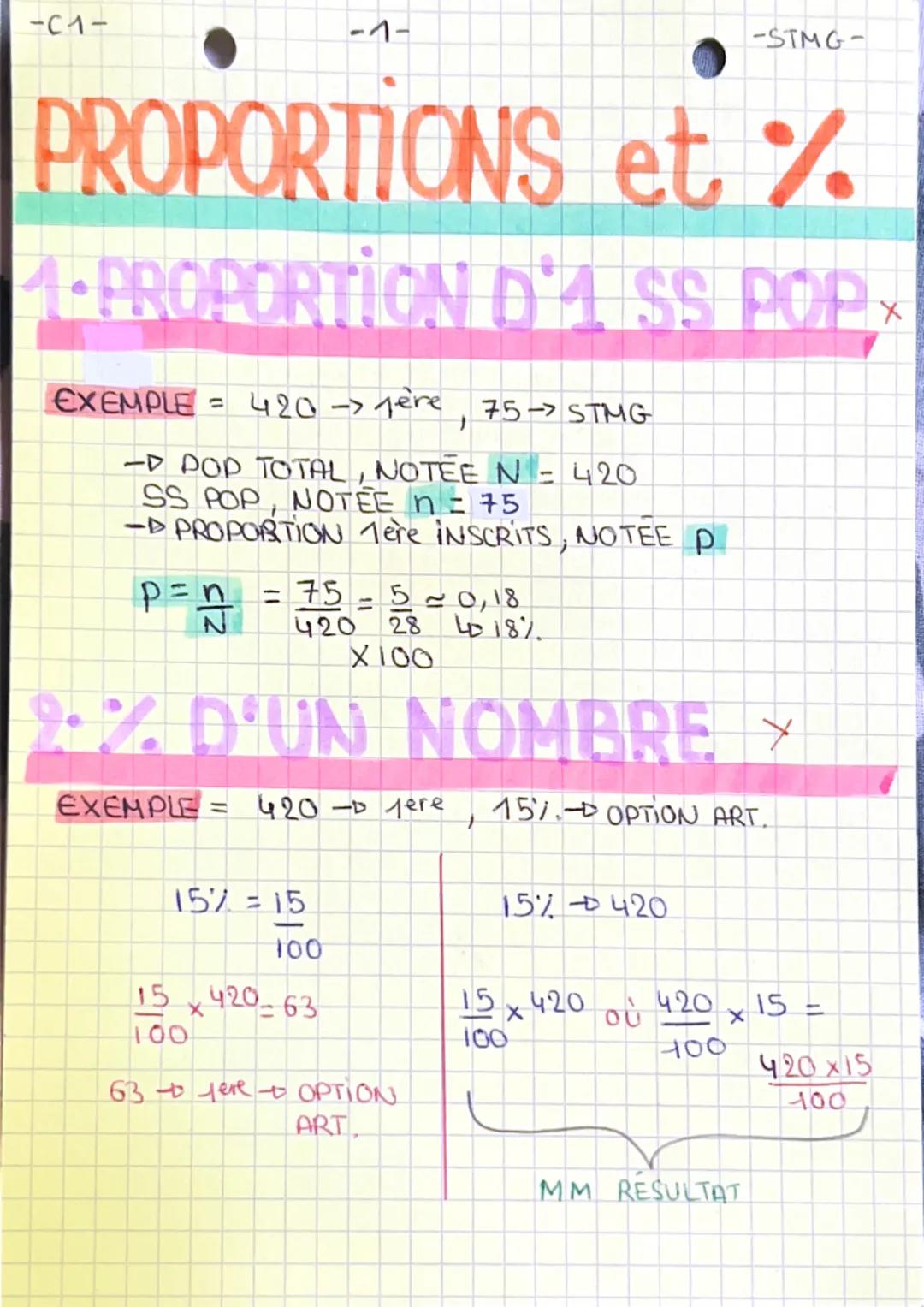 -C1-
PROPORTIONS et %
1-PROPORTION D'ASS POP,
EXEMPLE = 420 -> 1è're, 75-> STMG
-▷ POP TOTAL, NOTEE N = 420
SS POP, NOTEE n = 75
-▷ PROPORTI