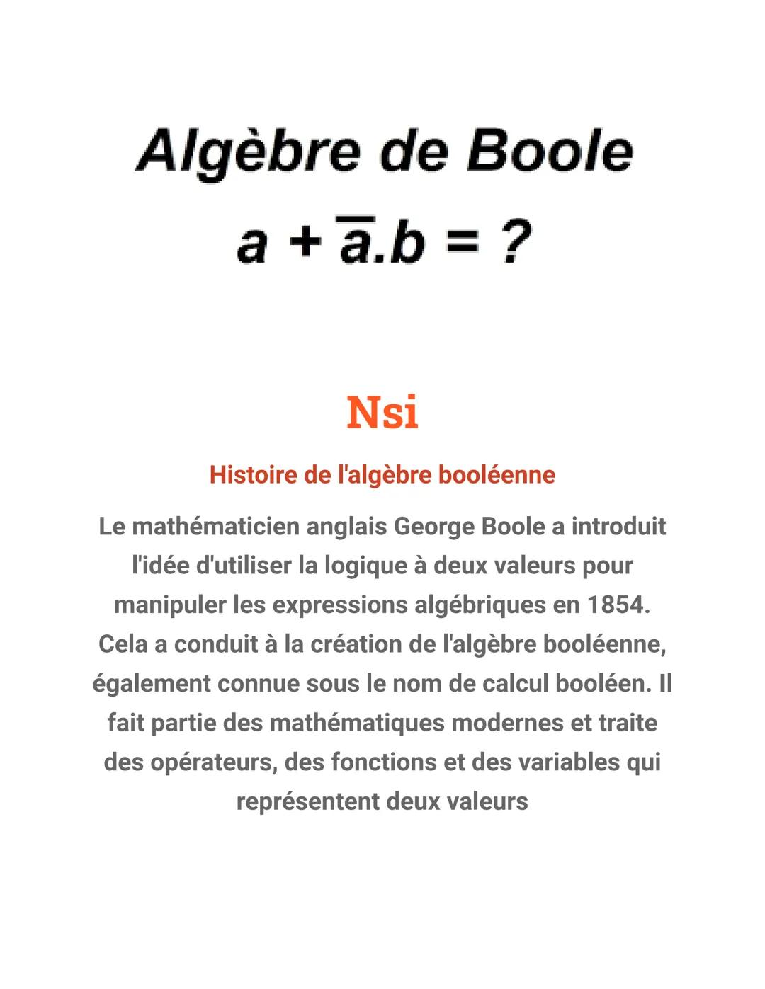 Algèbre de Boole
a+a.b= ?
Nsi
Histoire de l'algèbre booléenne
Le mathématicien anglais George Boole a introduit
l'idée d'utiliser la logique