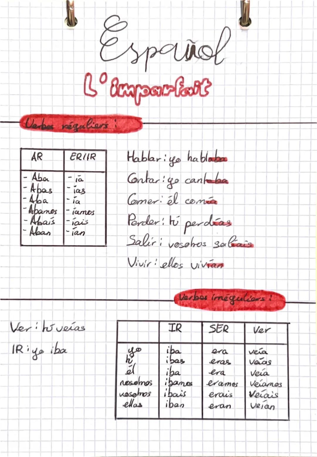 # Espanol
L'imparfait
Verbes réguliers
| AR | ERIIR | |
| :----- | :------ | :-----------------------