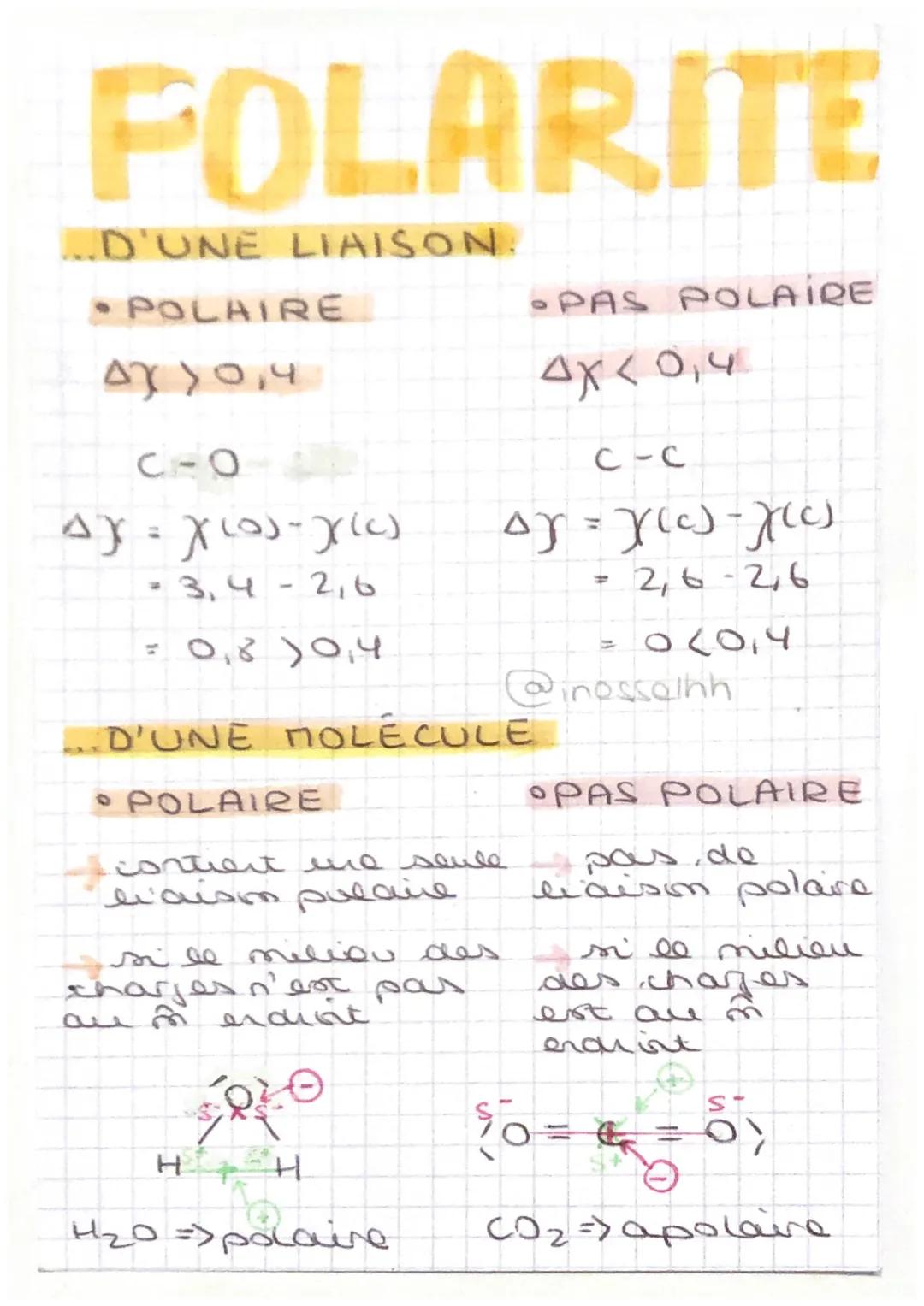 # POLARITE
...D'UNE LIAISON.
* POLAIRE
$AX>0,4$
C-O
$ΔΥ = χιος-χc)$
-3,4-2,6
=0,0) 0,4
* PAS POLAIRE
$4X < 0,4$
C-C
$αγ = γιο