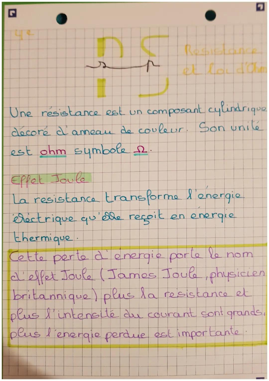 G
La loi d Ohm.
Caractéristique du dipole
Vet I sont proportionnels, aux bornes
de la resistance.
Formulas
ME
U = RxI
R=U/I
loid Ohm
I=U/R
R