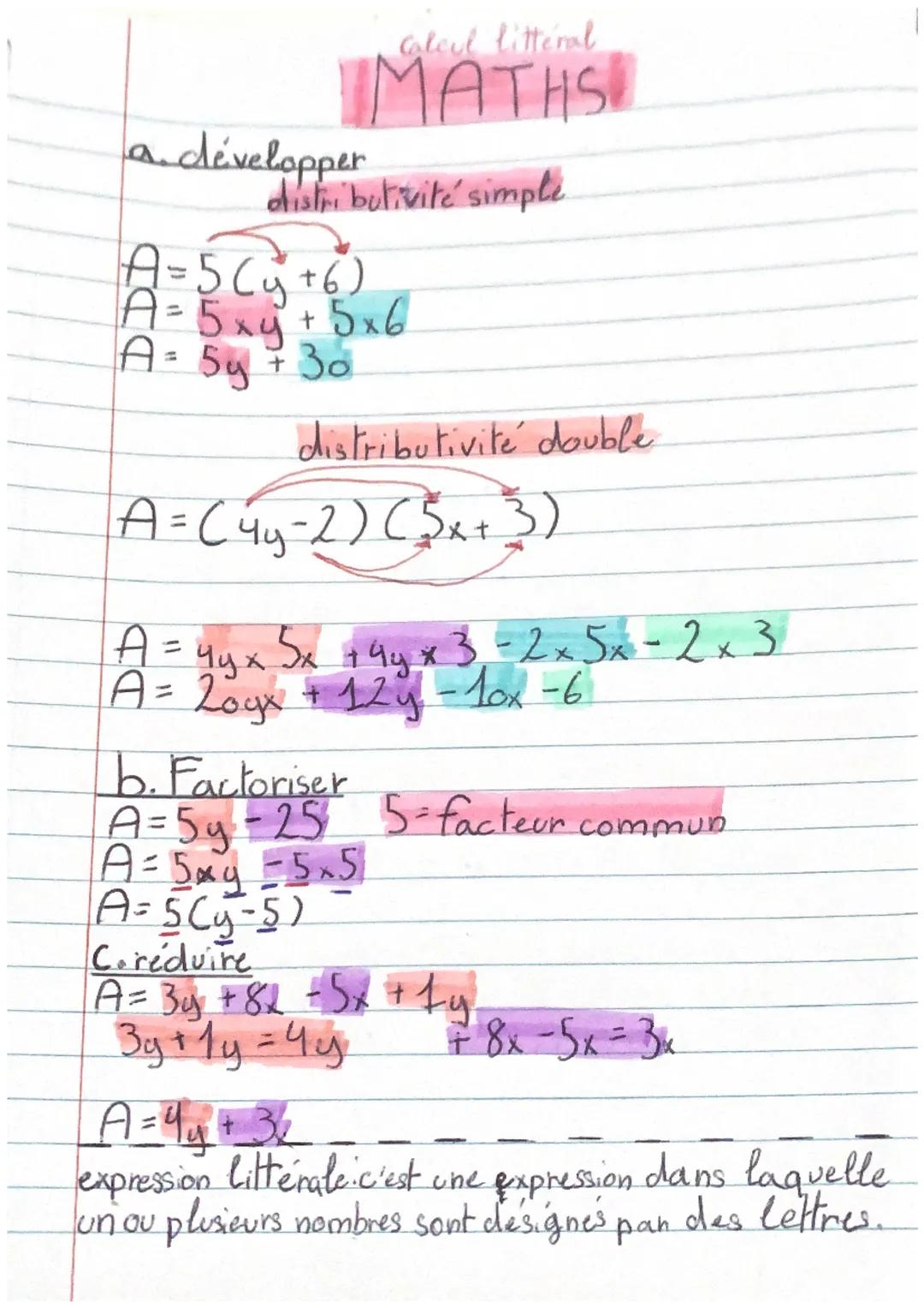 a. développer
Calcul littéral
MATHS!
distributivité simple
A = 5 (y + 6)
A = 5 xy + 5x6
ху
A = 5y + 30
distributivité double.
A = ( 4₁-2) (3