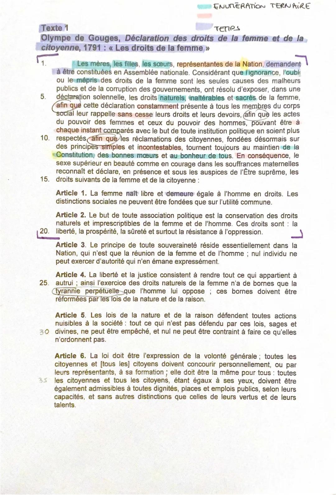 Analyse linéaire Préambule Olympe de Gouges + texte PDF