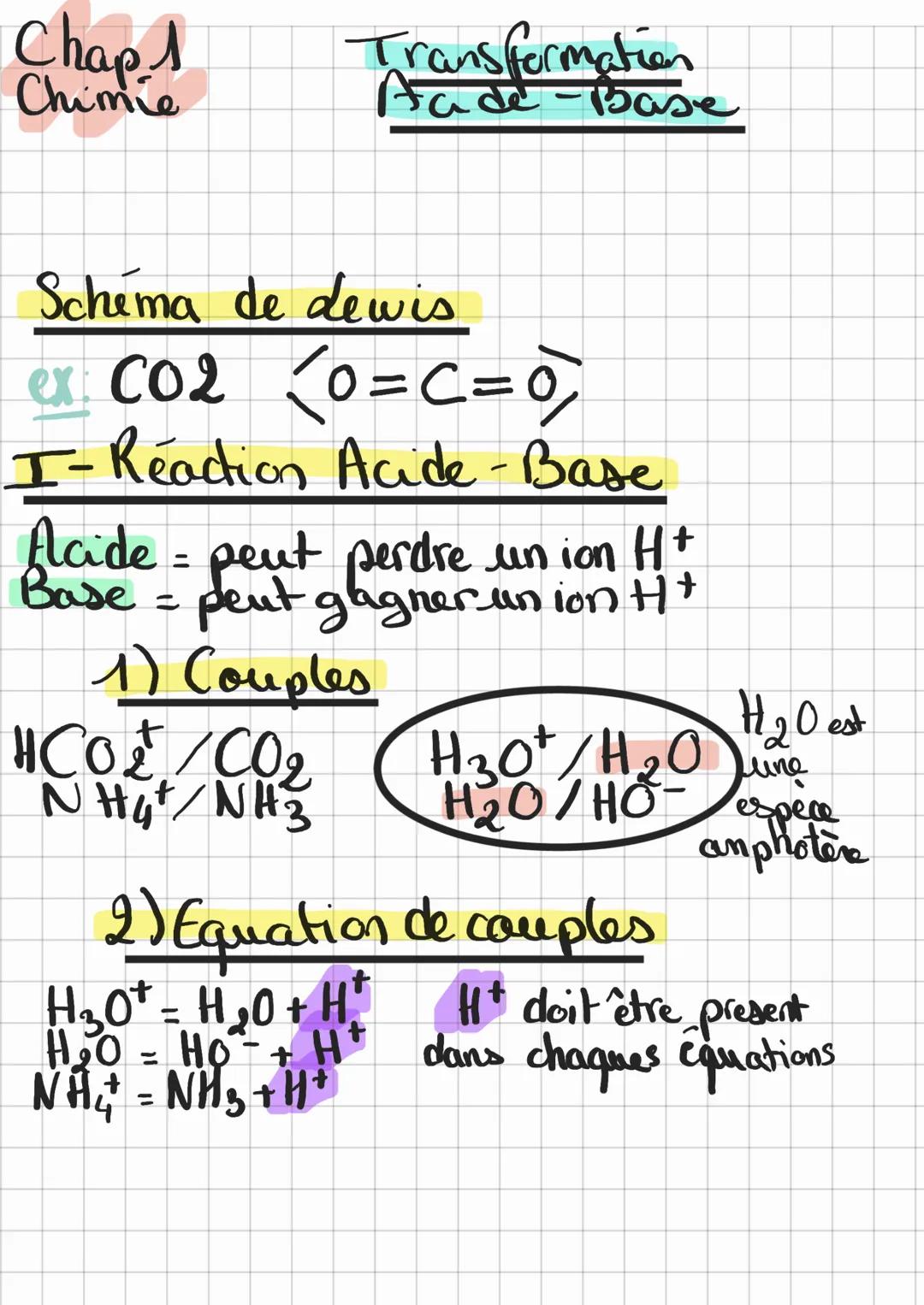 Chap Transformation
Chimie Aade-Base
Schéma de dewis
ex CO2 <O=C=0>
I-Reaction Acide-Base
Alcide = peut perdre un ion H+
Base = peut glagne