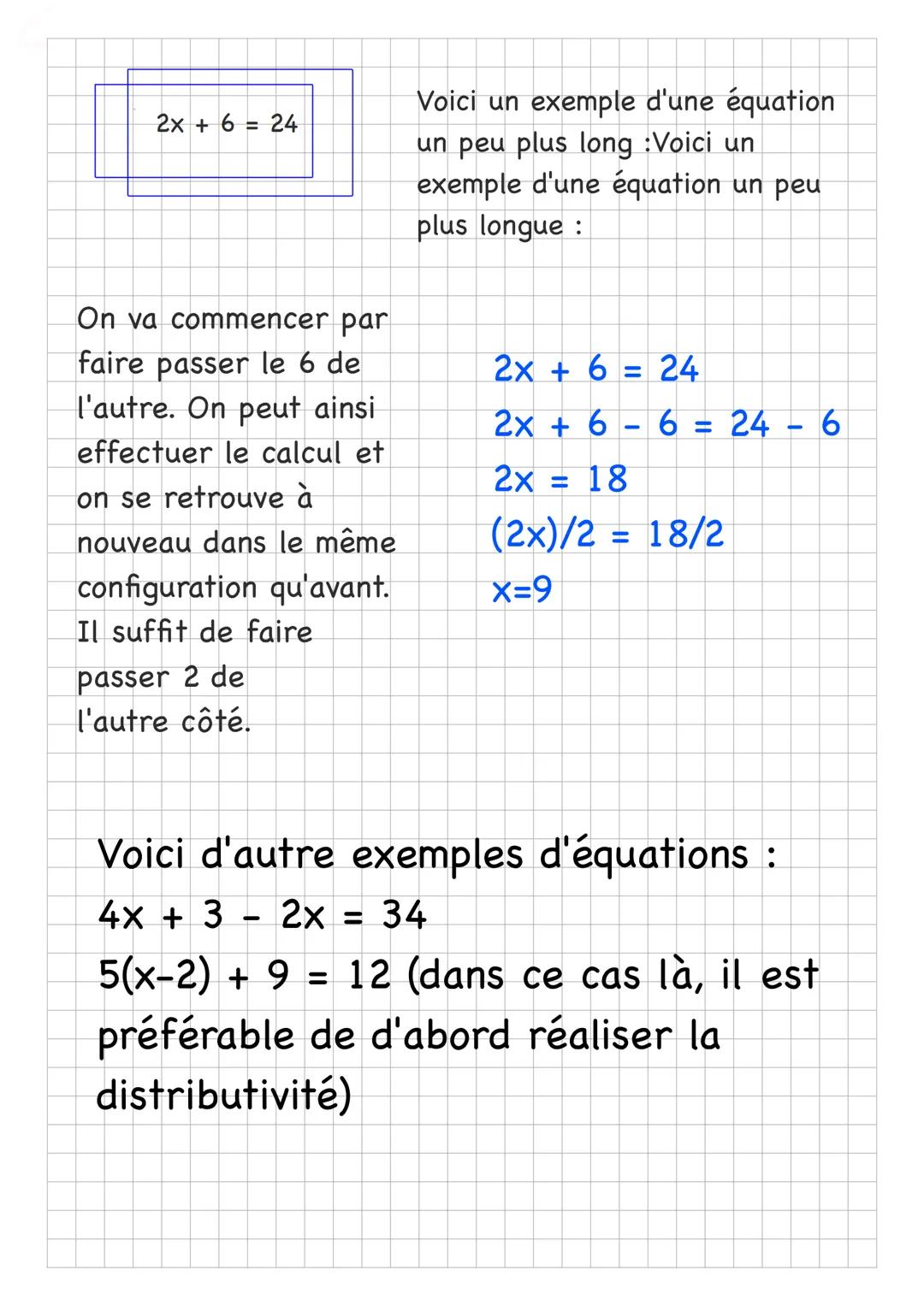 Fiche de revison de maths
LES EQUATIONS
Définition: Une équation est une égalité entre
deux expressions littérales. x est appelé
inconnue