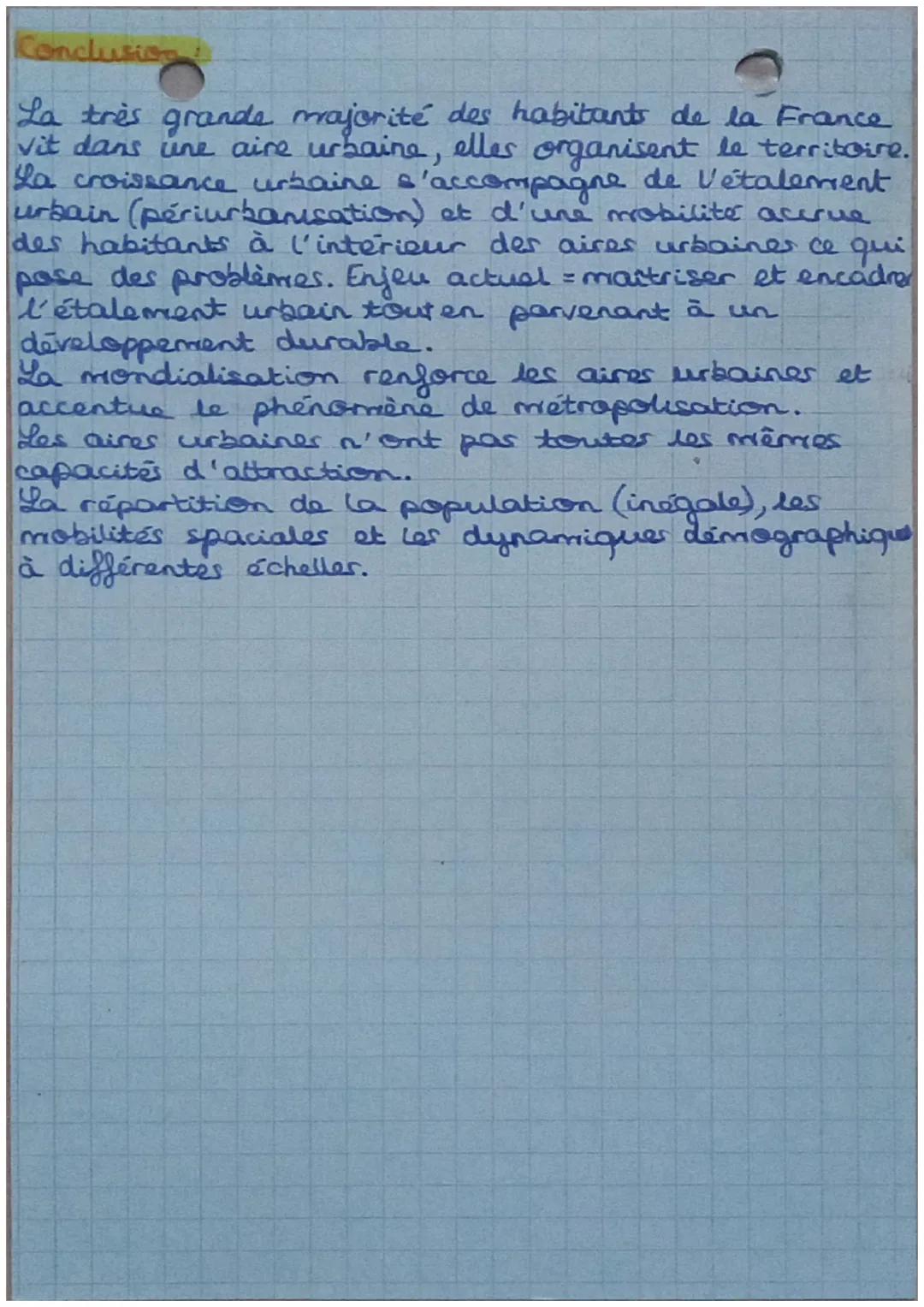 GA
Les aires urbaines
FRANCE MONDIALISÉE
La population française est très urbanisée
• ville centre (quartiers d'affaire
→ attire la populati