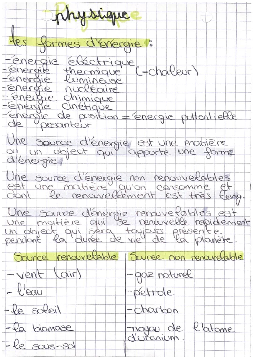 # physique
les formes d'energie:
-energie éléctrique
-energie theantaugue (=chaleur)
-energie lumineuse
-énergie nucléaire
- énergie chimiq