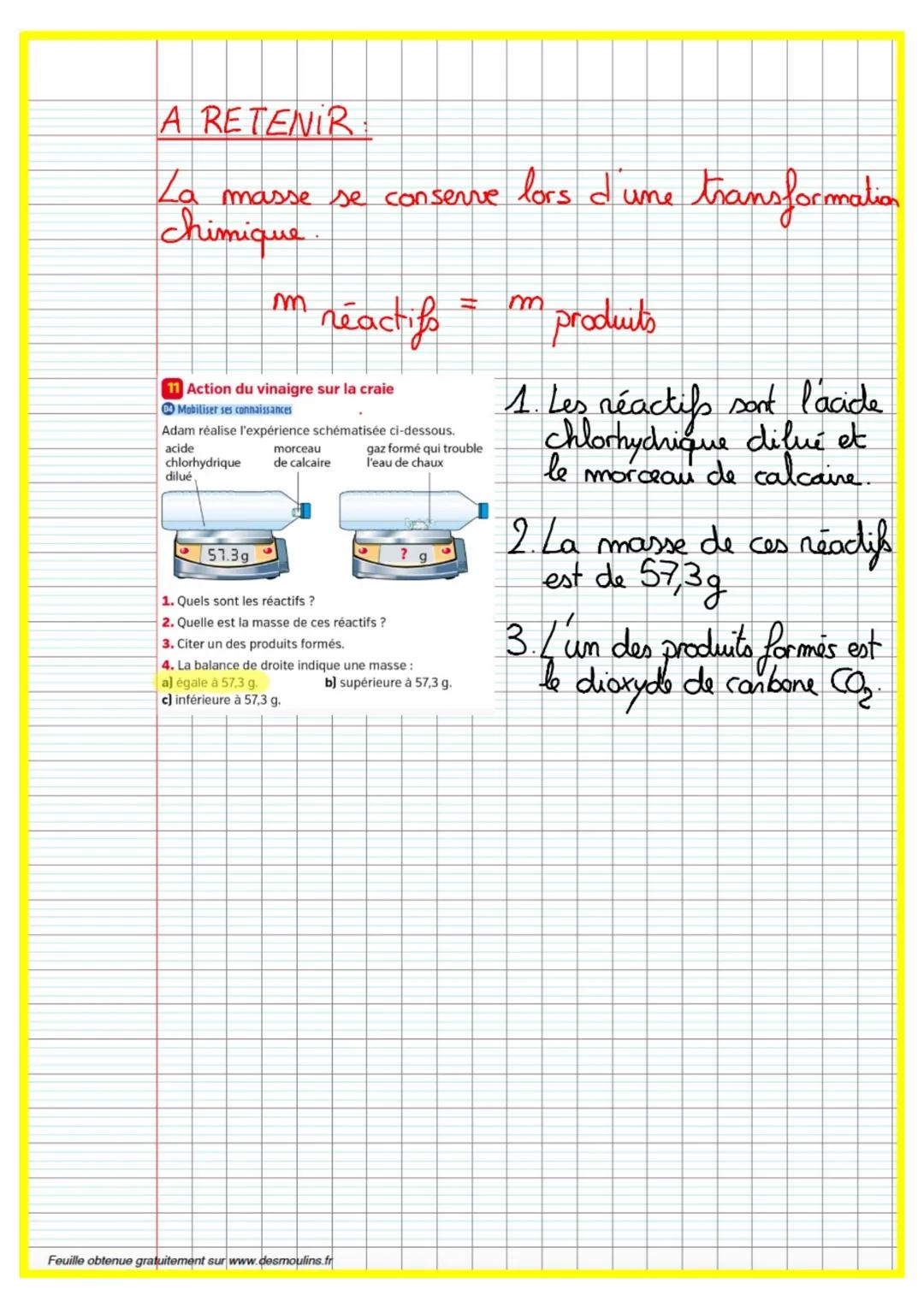 Thème n°2:
Mouvements
et
Interactions
Feuille obtenue gratuitement sur www.desmoulins.fr Chapitre n°2: Les réactions
chimiques
Introduction.