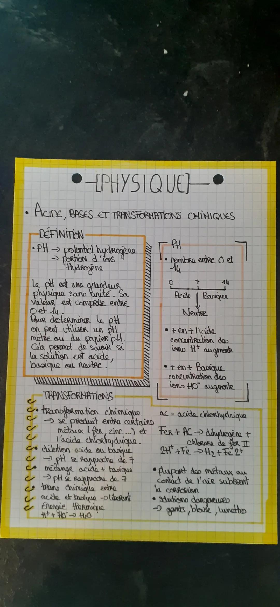 - [PHYSIQUE
- ACIDE, BASES ET TRANSFORMATIONS CHINIQUES
DEFINITION
- PH $\rightarrow$ potentiel hydrogène
$\rightarrow$ portion d'ions
Hy
