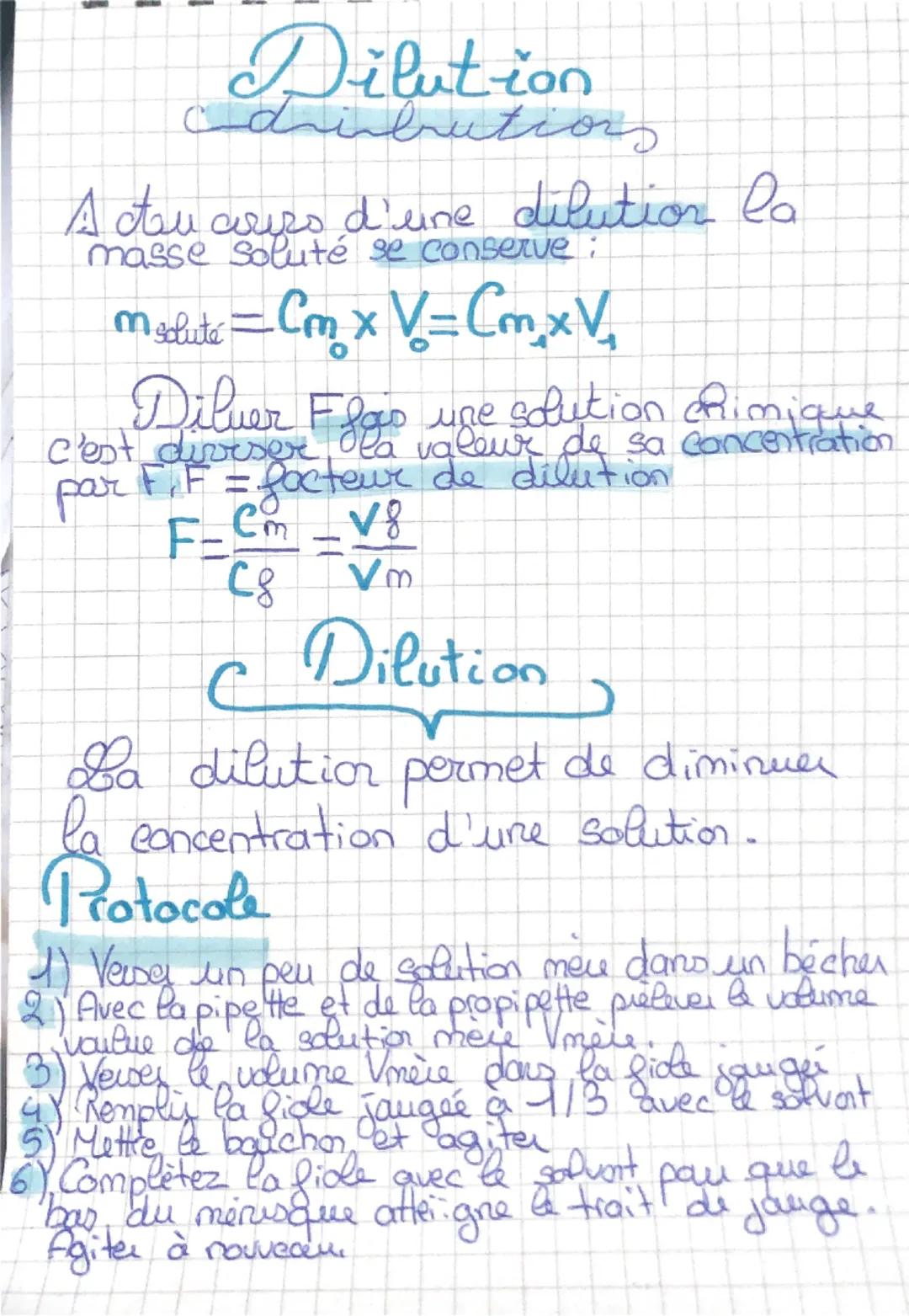 Dilution
dributions
Acteu crips d'une dilution la
masse soluté se conserve:
msolute = Cm x V = Cm x V
Dilver Flois une solution chimique
C'e