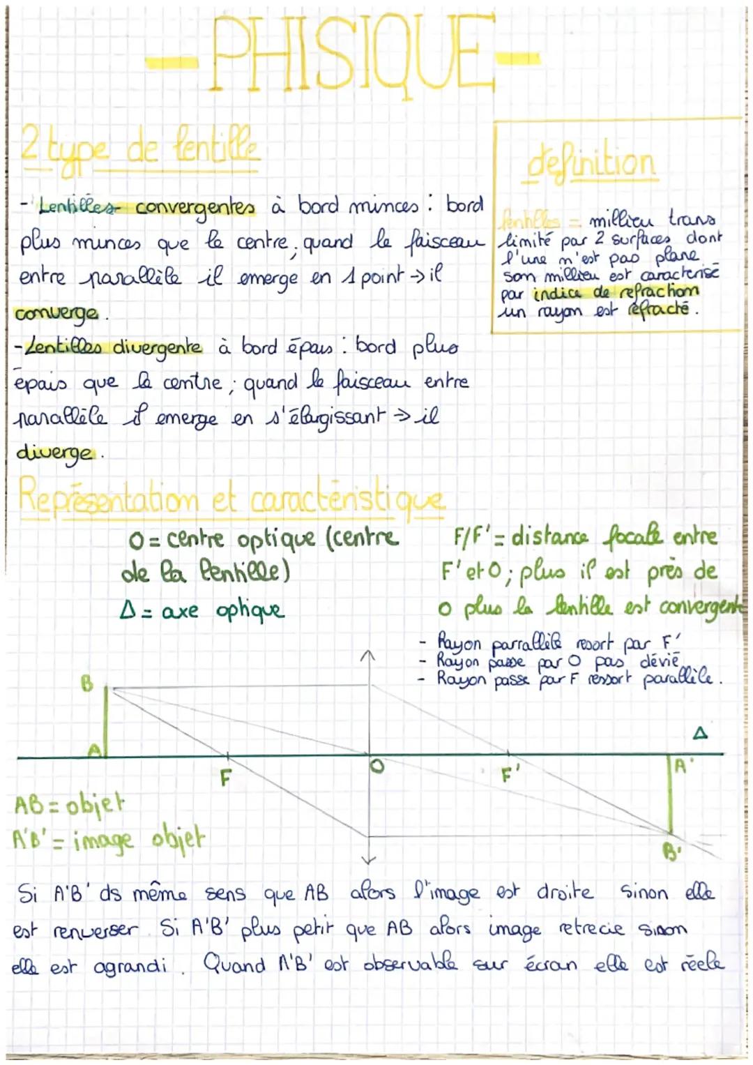# PHISIQUE
2 type de lentille
definition
- Lentilles convergentes à bord minces: bord
lenhlls = millicu trans
plus minces que le centre,