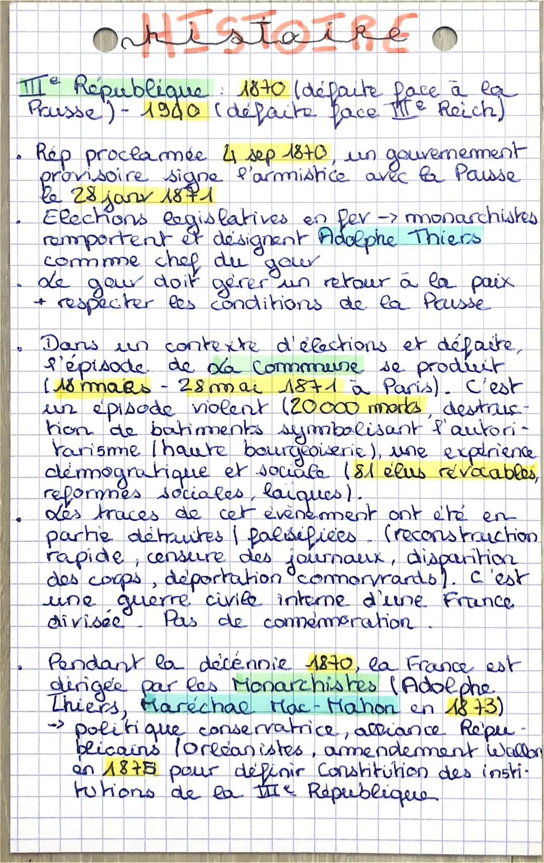 # Histoire
Ⅲ République
* 1870 (défaite face à la
Prousse) - 1900 (défaite face Ⅲ Reich)
* Rép proclamée 4 sep 1870, un gouvernement