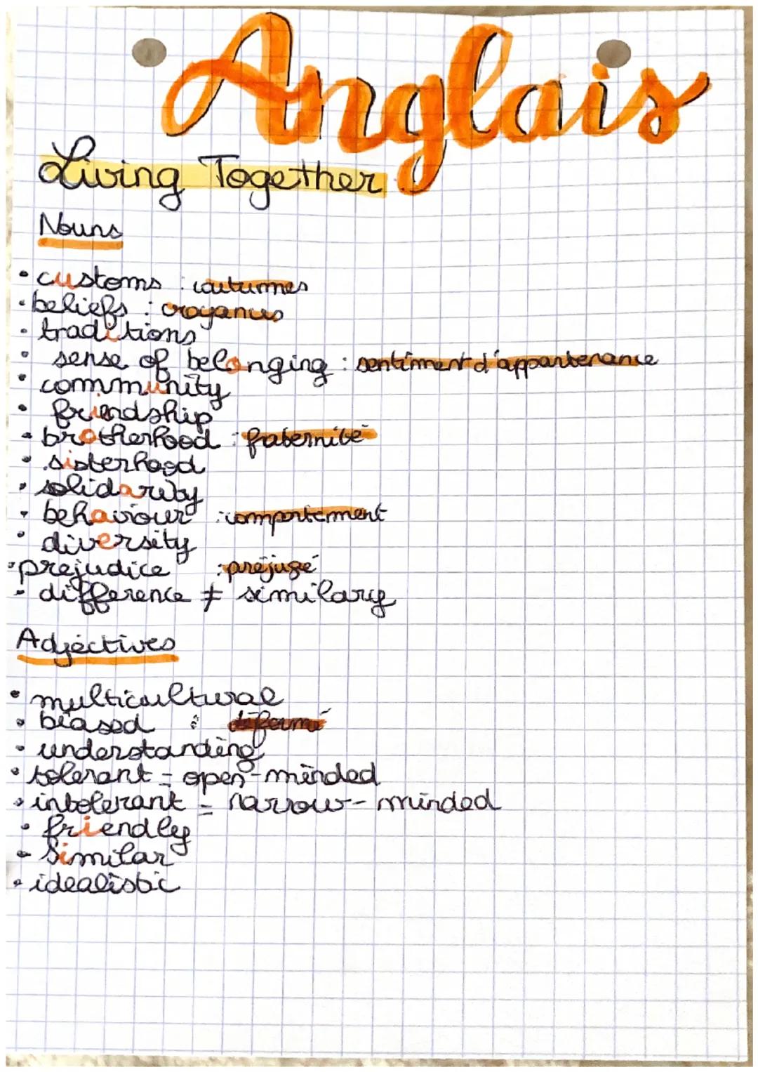 # Anglais
Living Together
Nuns
* customs coutumes
* beliefs crayanus
* trad tions
* sense of belonging: sentiment d'appartenance