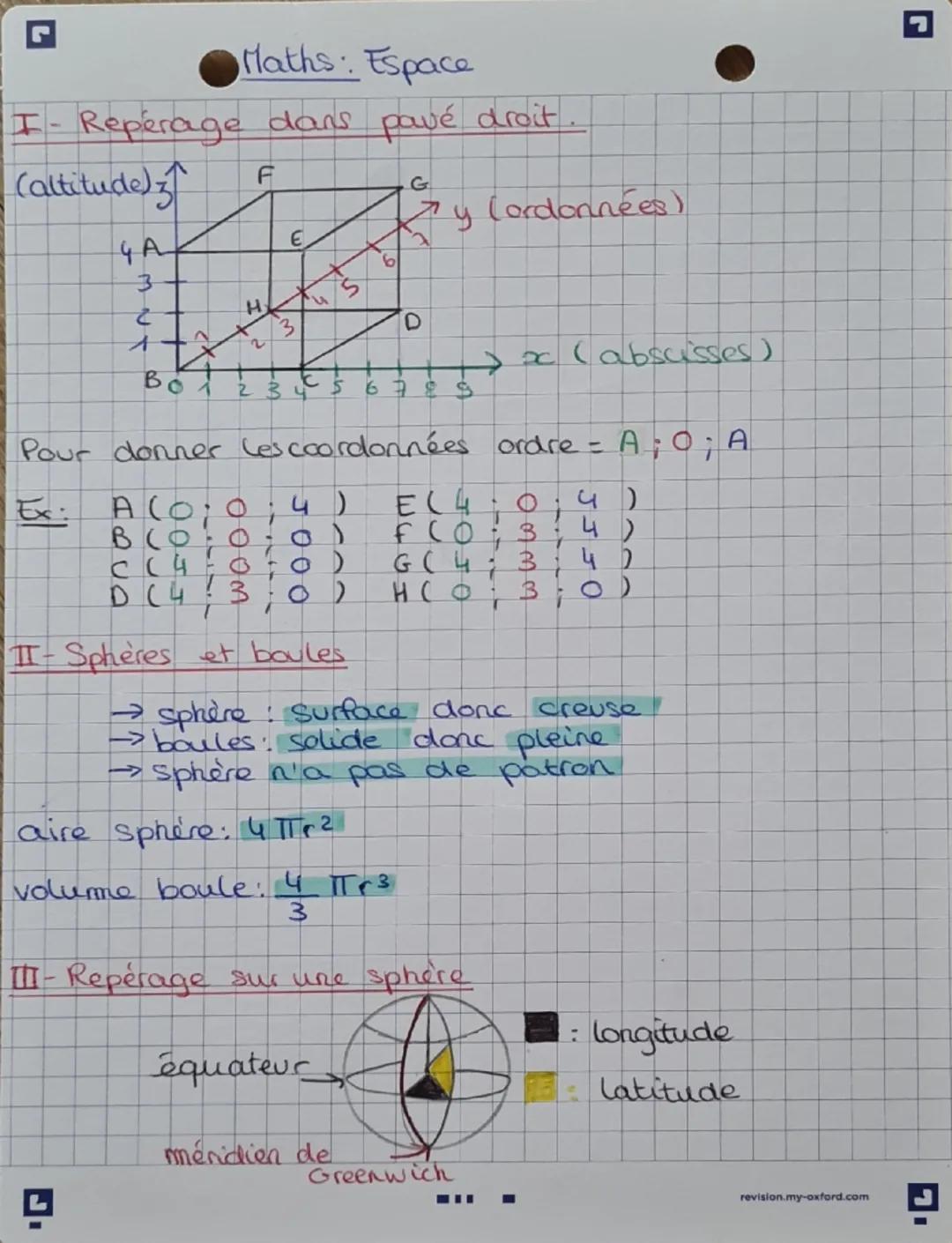 า
Maths: Espace
I - Repérage dans pavé droit
(altitude)z
4A
3+
८
F
3
G
y (ordonnées)
H
A
2
2
3
Bo 234
D
5 6 7 8
> x ( abscisses)
Pour donner