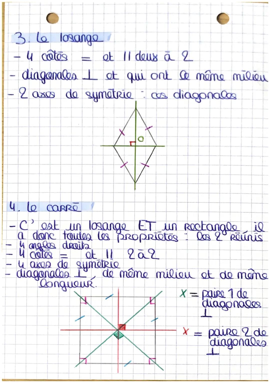 Los quadrilateres
1. Le parallelogramme
côtés opposes 11 et =
le diagonales se coupent en leur milieu
- los anglos opposés sont de même mesu
