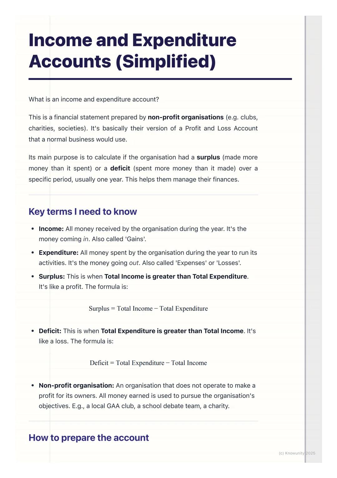 # Income and Expenditure
## Accounts (Simplified)
What is an income and expenditure account?
This is a financial statement prepared by non