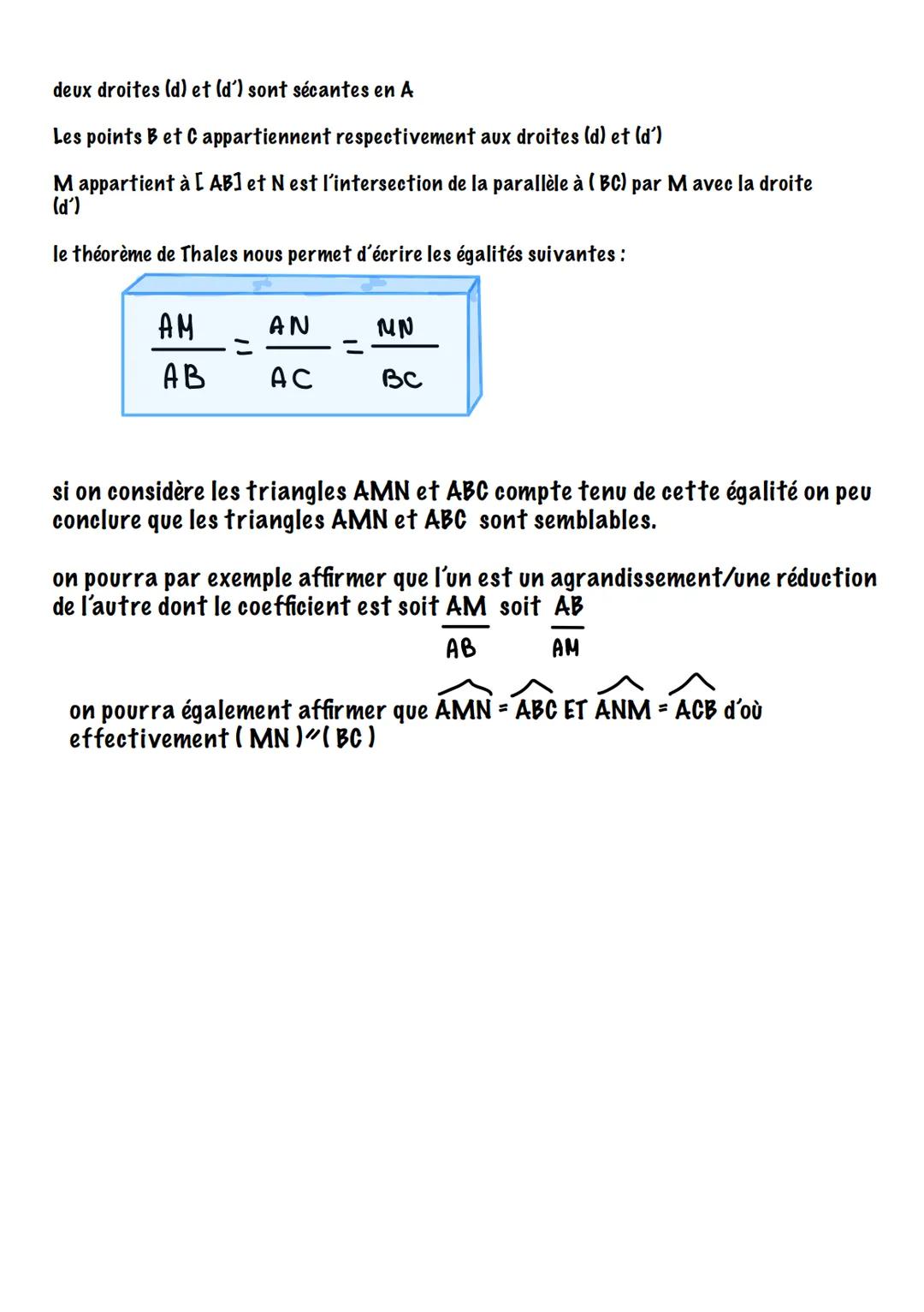 1- propriétés
●
●
triangles semblables
-
deux triangles semblables sont des triangles dont les angles ont la même meusure deux à deux
Lorsqu