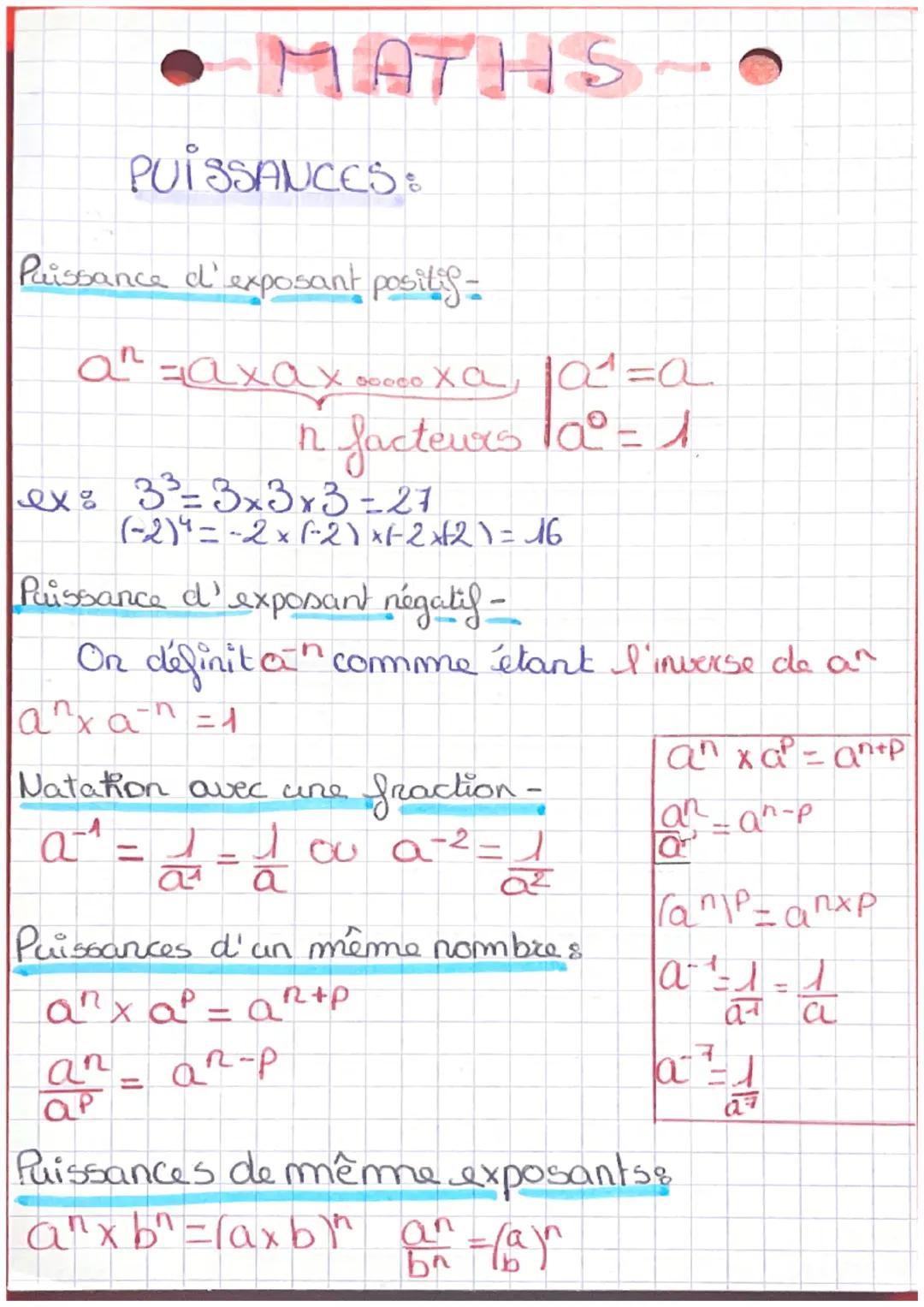 # MATHS-O
PUISSANCES:
Puissance d'exposant positis-
$a^n = a x a x ..... x a$, $a^1 = a$
n facteurs $a^0 = 1$.
ex: $3^3 = 3 x 3 x 3 = 2
