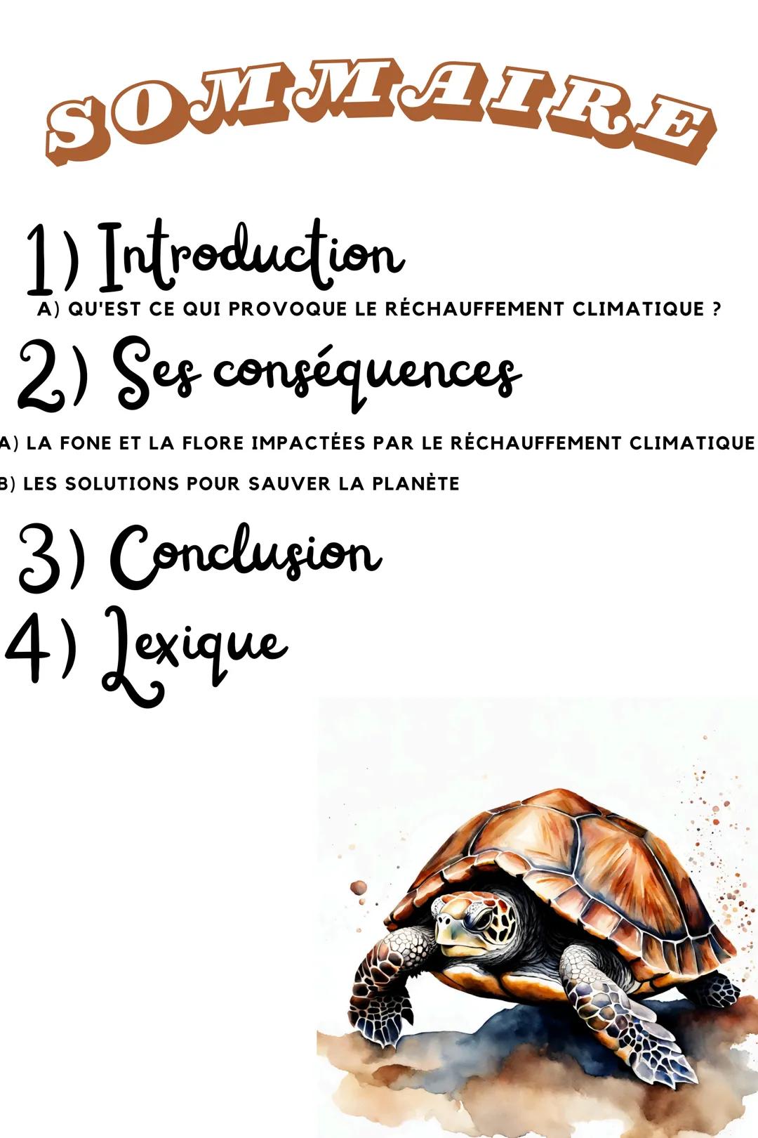 Le
RéCHAUFFEMENT
CLIMATIQUE SOMMAIRE
1) Introduction
A) QU'EST CE QUI PROVOQUE LE RÉCHAUFFEMENT CLIMATIQUE ?
2) Ses conséquences
A) LA FON
