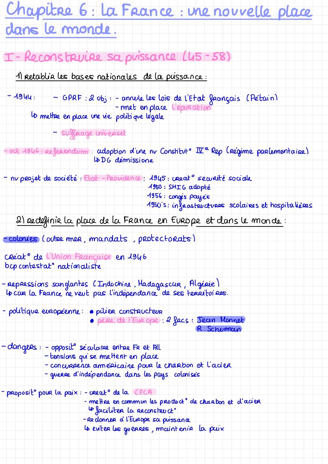 # Chapitre 6: La France : une nouvelle place
dans le monde.
I- Reconstruire sa puissance (45-58)
1) Retablir les bases nationales de la pu
