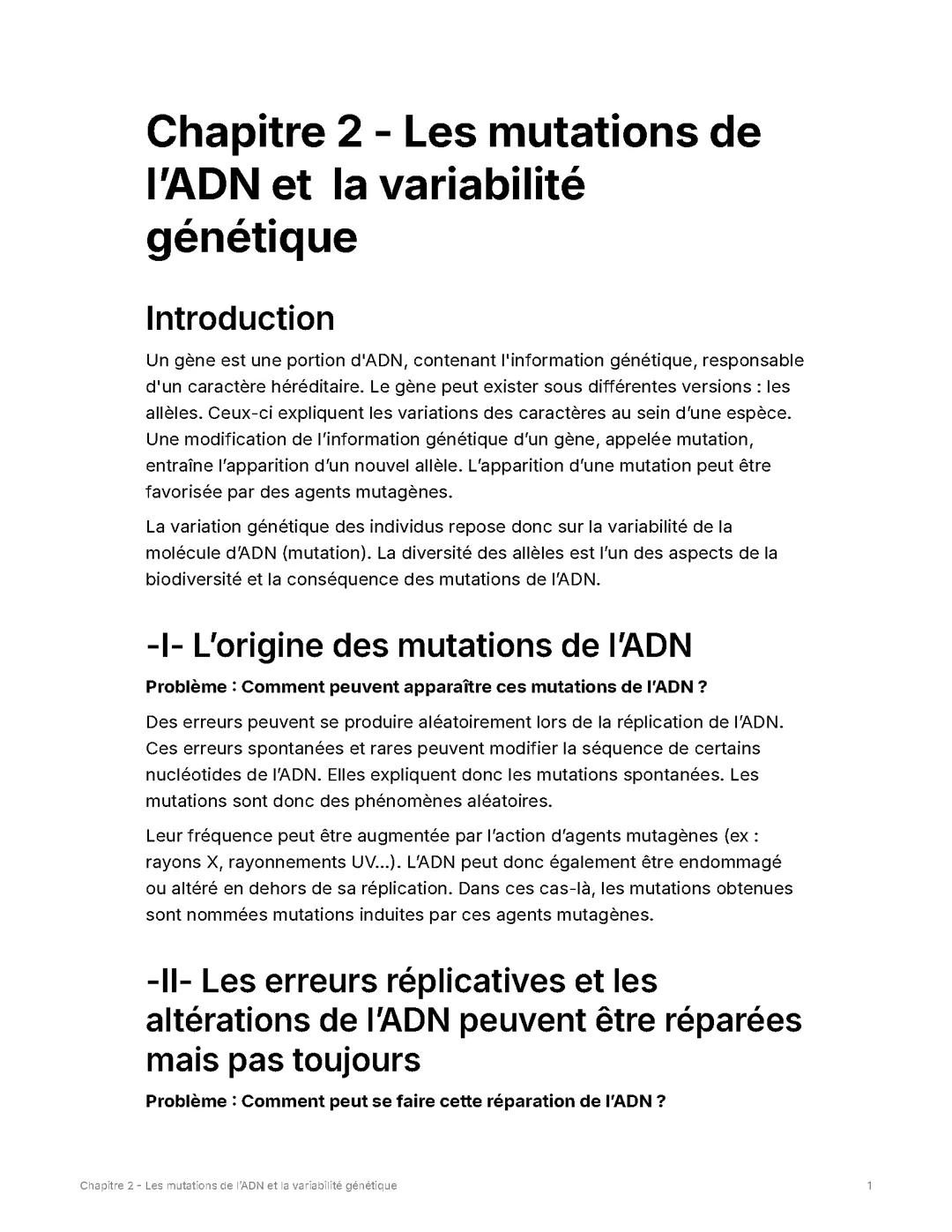 Chapitre 2 - Les mutations de l’ADN et la variabilité génétique