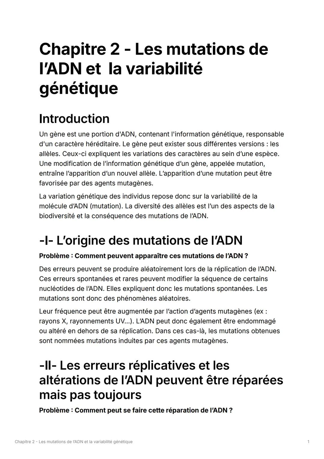 Chapitre 2 - Les mutations de
I'ADN et la variabilité
génétique
Introduction
Un gène est une portion d'ADN, contenant l'information génétiqu