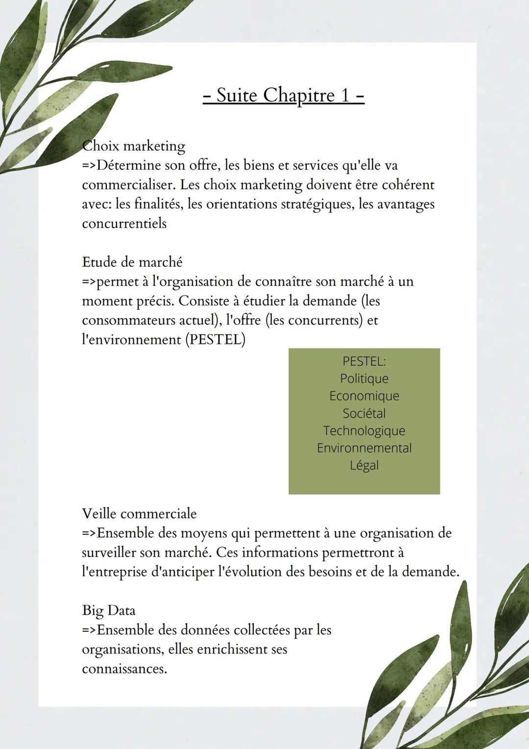 – Suite Chapitre 1 –
Choix marketing
=>Détermine son offre, les biens et services qu'elle va
commercialiser. Les choix marketing doivent êtr
