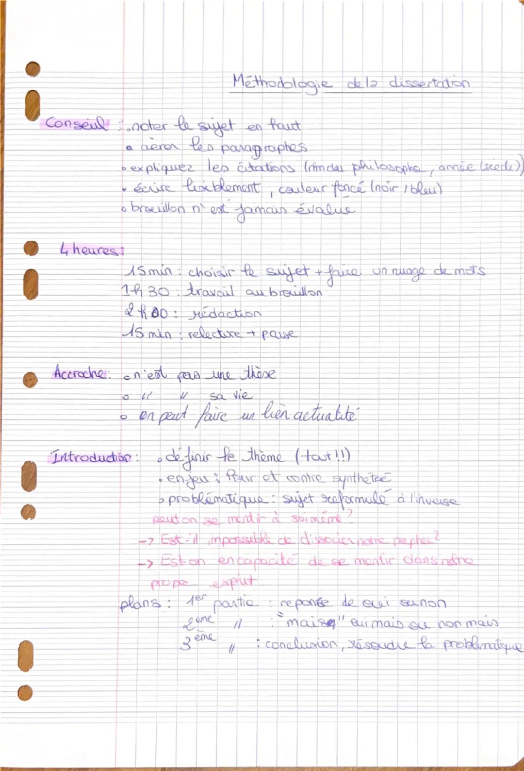 --- OCR Start ---
! 
Méthodologie de la dissertation
Conseul noter le sujet en haut
4 heures! 
a aèrer les paragraphes
• expliquez les citat